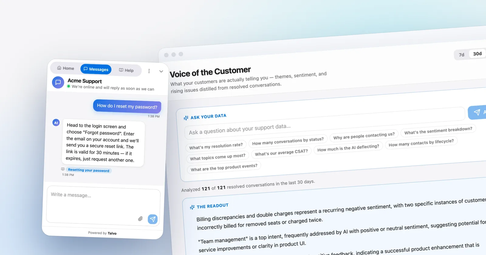 Talvo's chat widget answering from a cited help article, in front of the Voice of the Customer readout. Shown with our demo workspace.