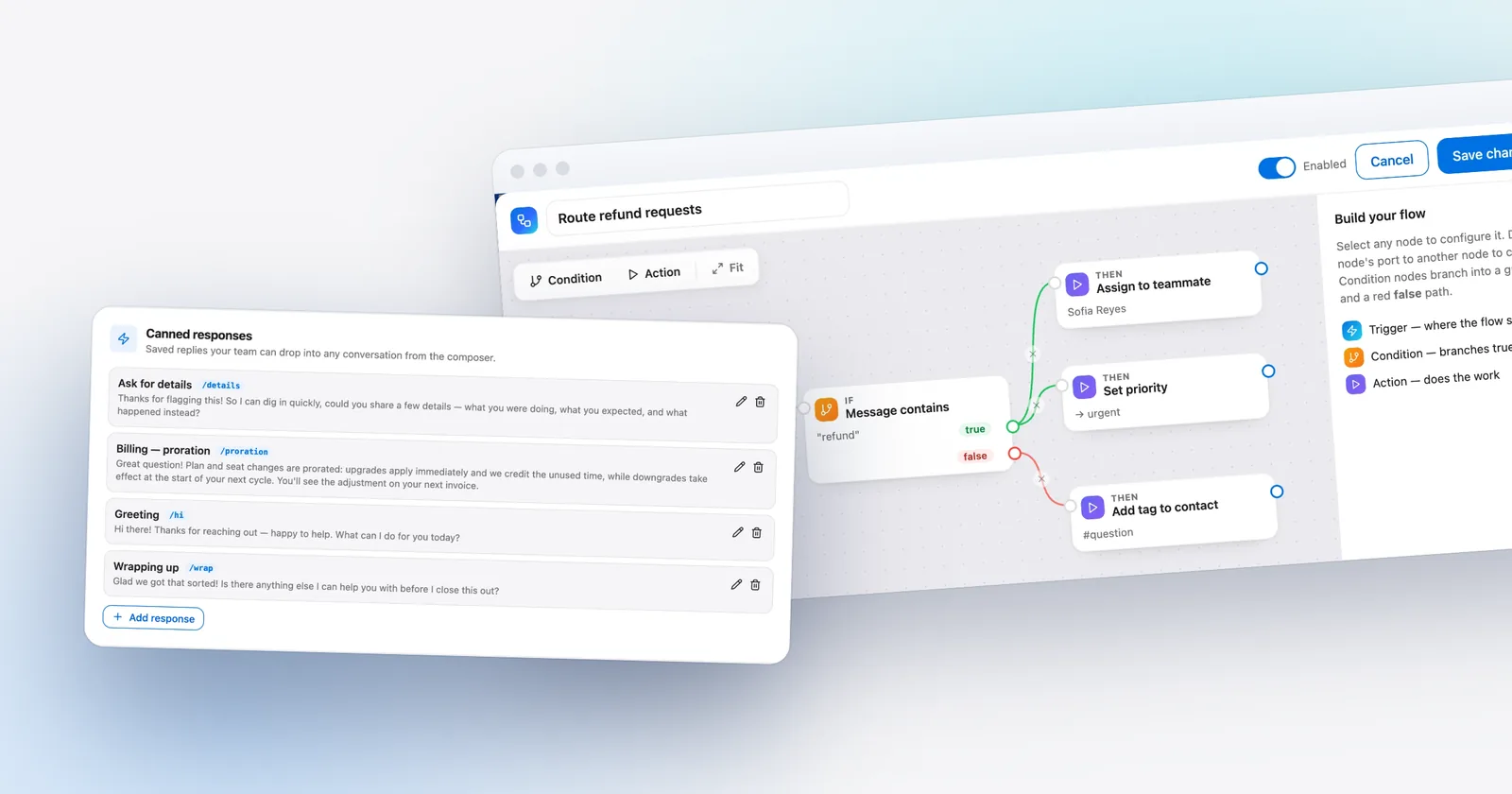 Talvo's canned responses, in front of the workflow builder. Shown with our demo workspace.