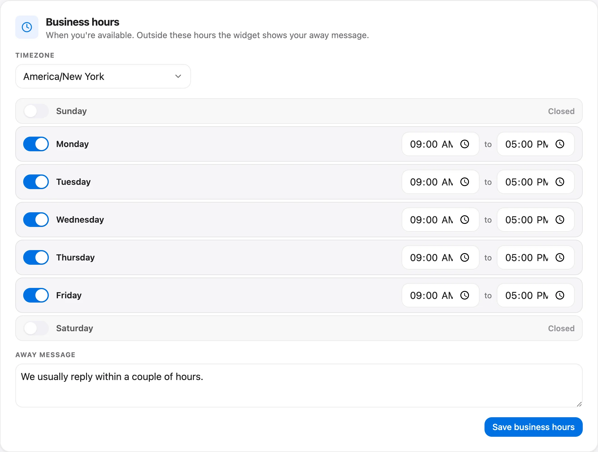 Talvo's business hours settings: a timezone, opening hours for each day, and the away message the widget shows outside them.