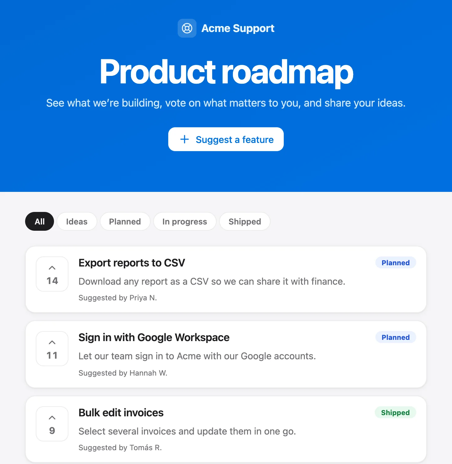 A public roadmap on Talvo: Acme Support's feature requests with votes and Planned or Shipped status.