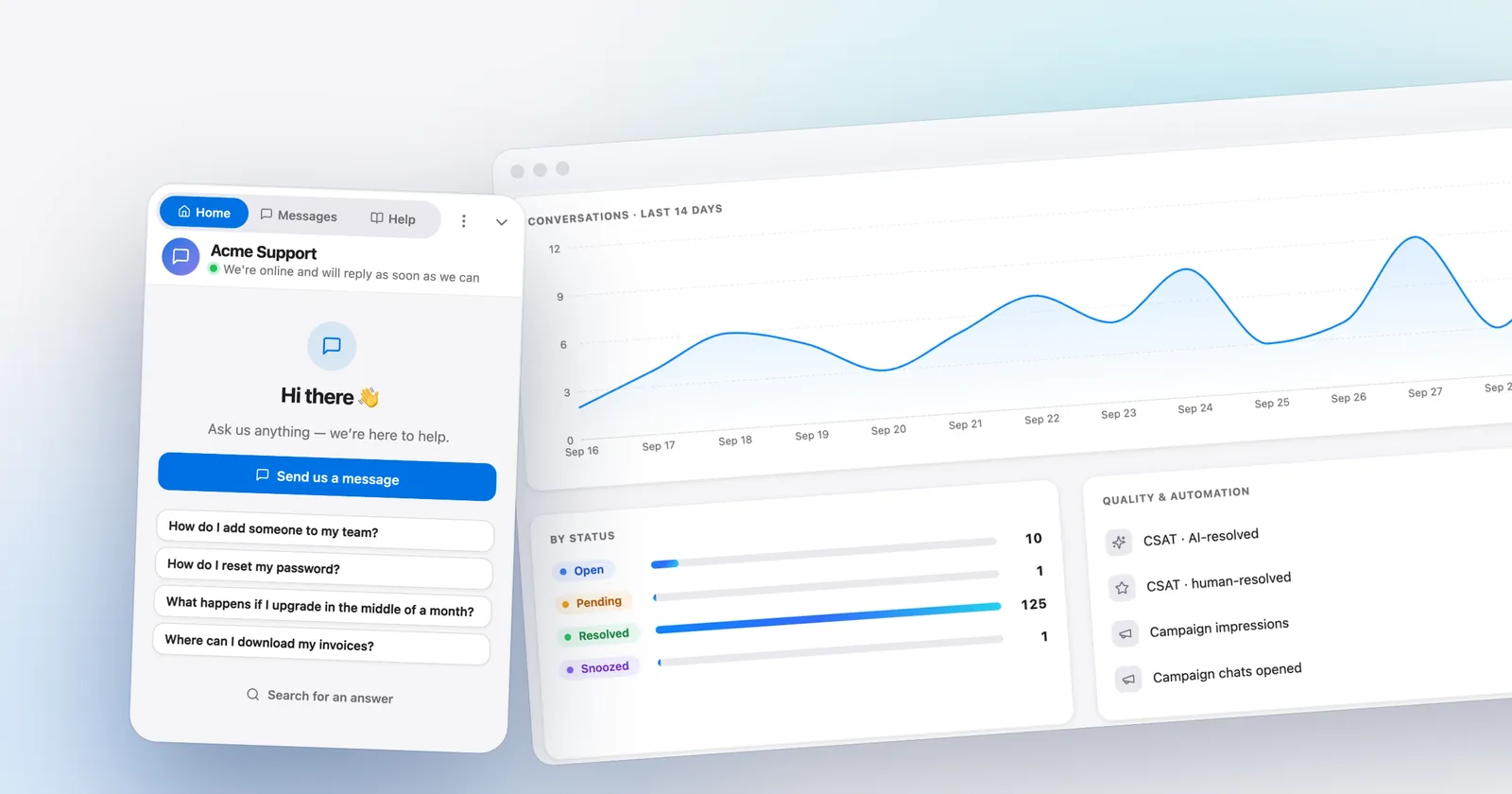 Talvo's chat widget home screen in front of the analytics dashboard. Shown with our demo workspace.