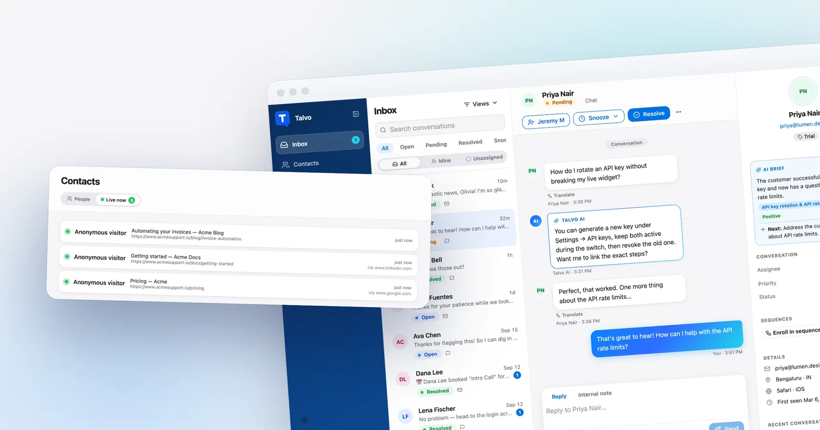 Talvo's live visitors view, in front of the shared inbox. Shown with our demo workspace.