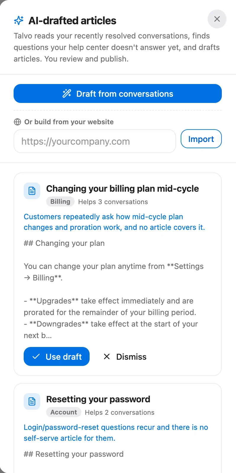 Talvo's AI-drafted articles panel: a suggested article built from questions the AI couldn't answer, with Use draft or Dismiss.