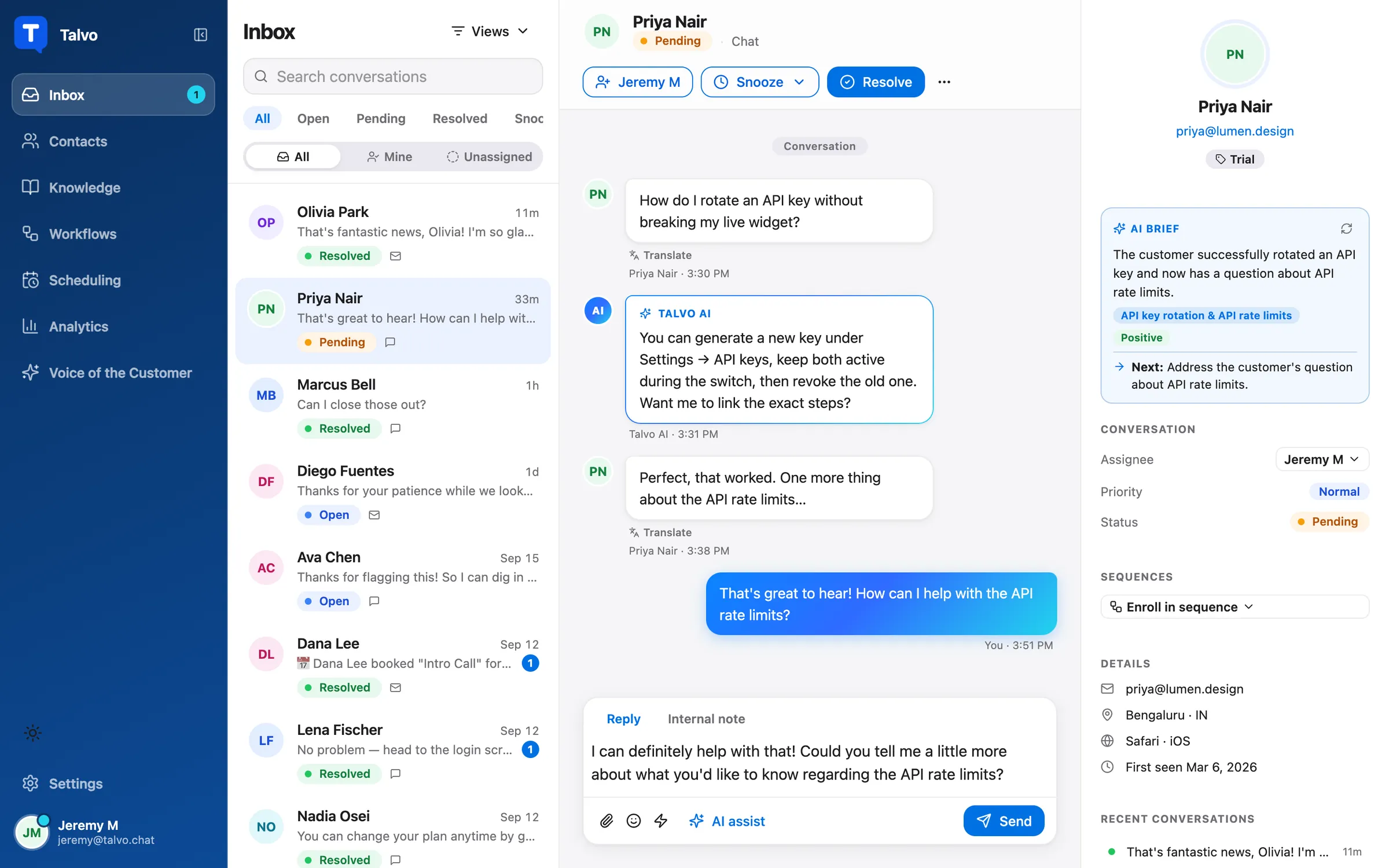 Talvo shared inbox with an AI-drafted reply ready to send in the composer.
