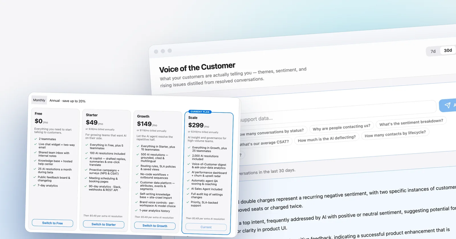 Talvo's plan cards in front of the Voice of the Customer readout. Shown with our demo workspace.