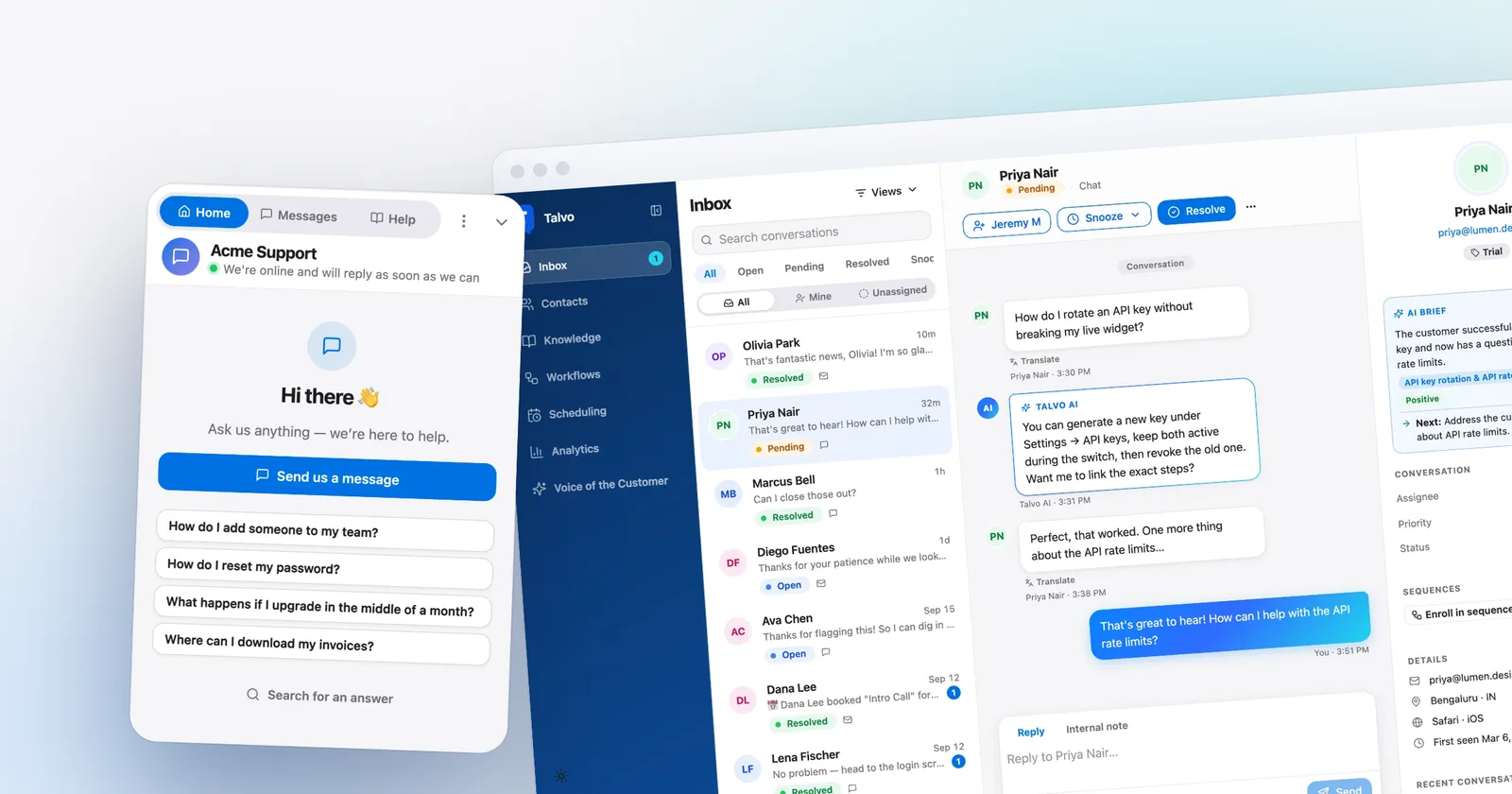 Talvo's chat widget home screen, in front of the shared inbox. Shown with our demo workspace.