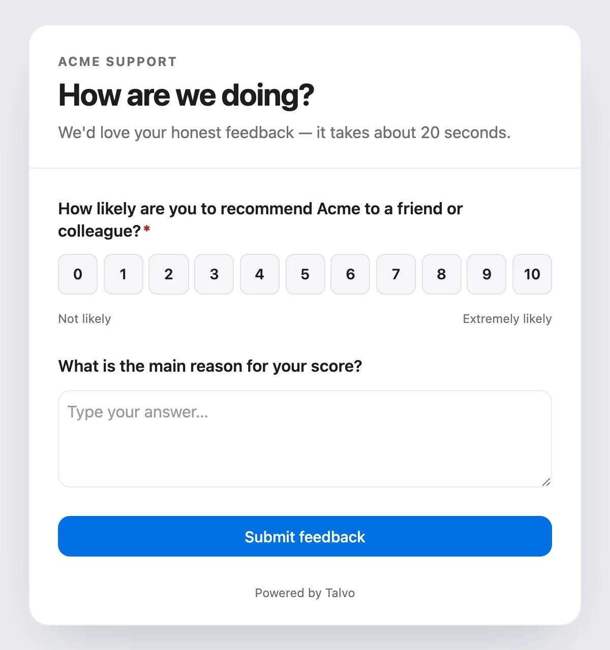 A Talvo NPS survey: how likely are you to recommend Acme, on a 0 to 10 scale, with a follow-up question.