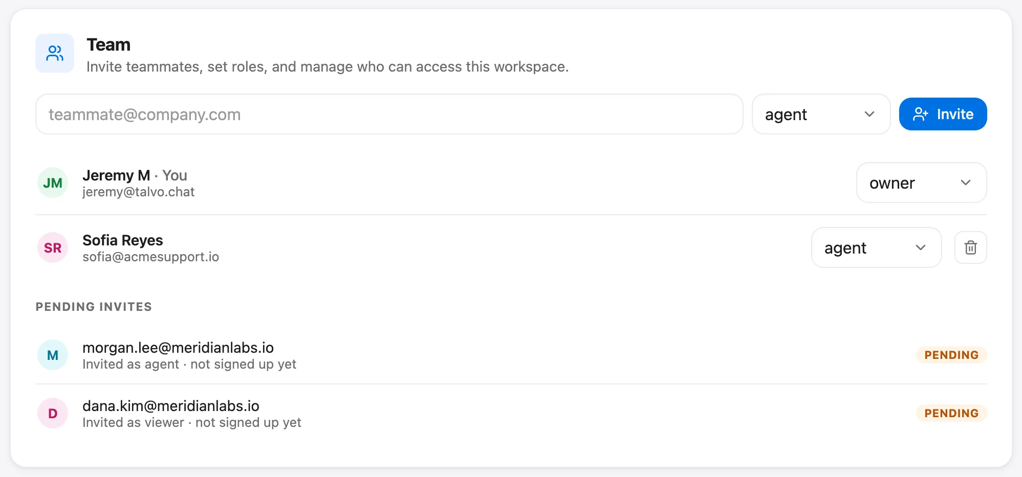 Inviting a teammate in Talvo: an email field, a role picker, current members and pending invites.