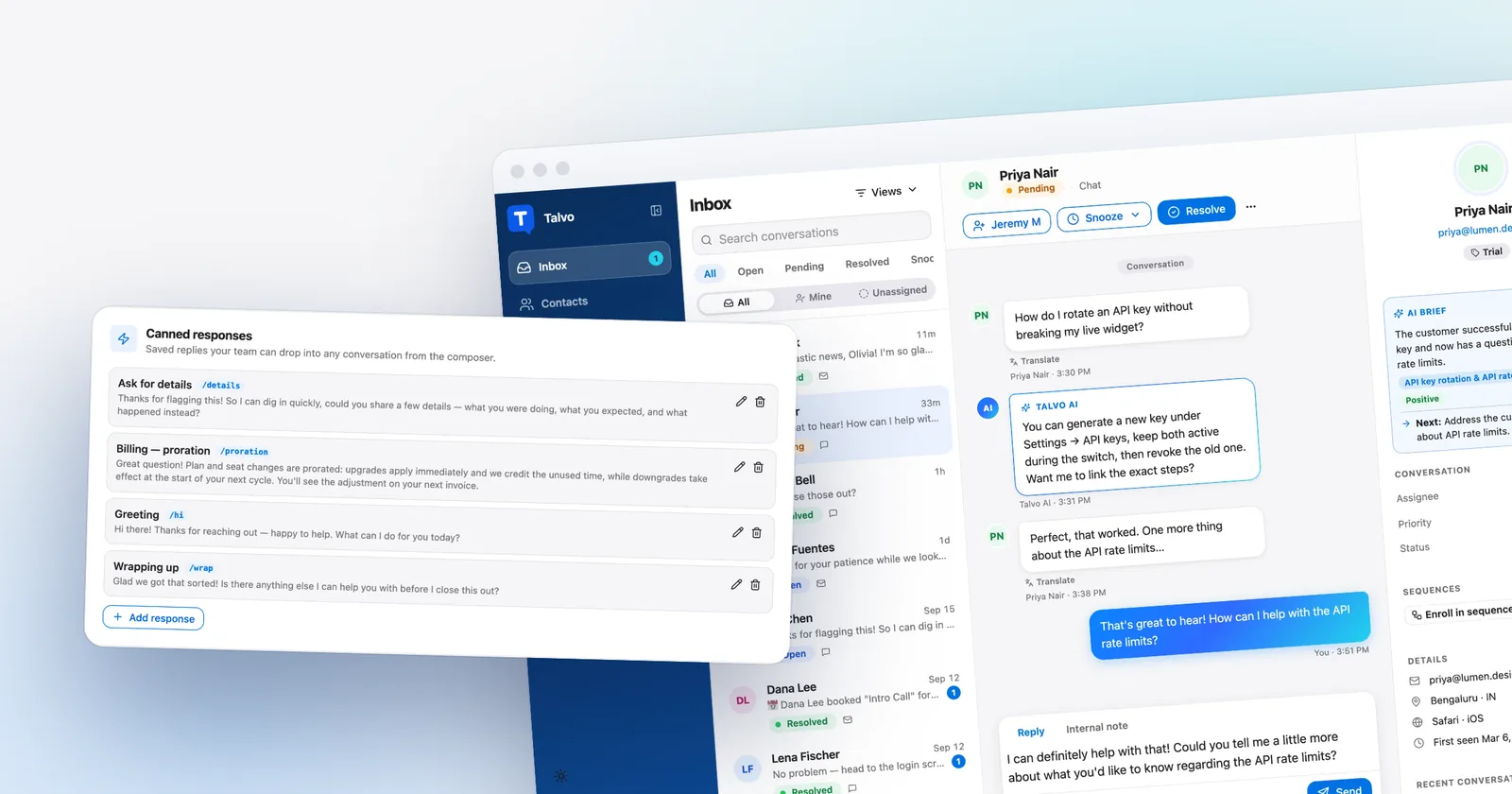 Talvo's canned responses, in front of the shared inbox with an AI-drafted reply. Shown with our demo workspace.