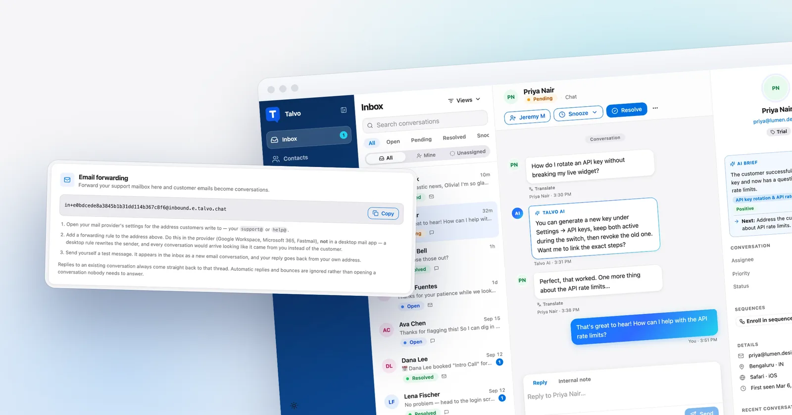 Talvo's email forwarding card, in front of the shared inbox. Shown with our demo workspace.