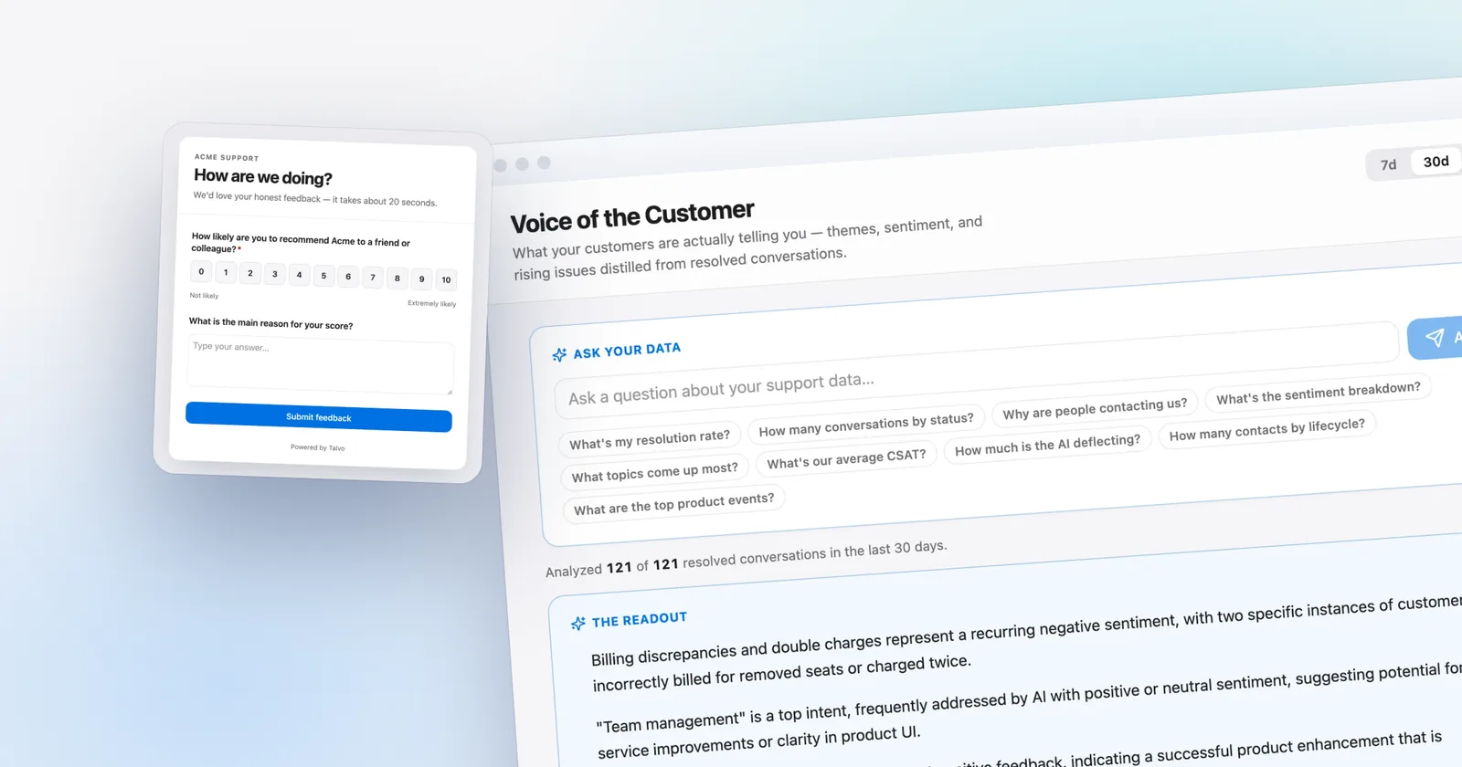 A Talvo NPS survey, in front of the Voice of the Customer readout. Shown with our demo workspace.