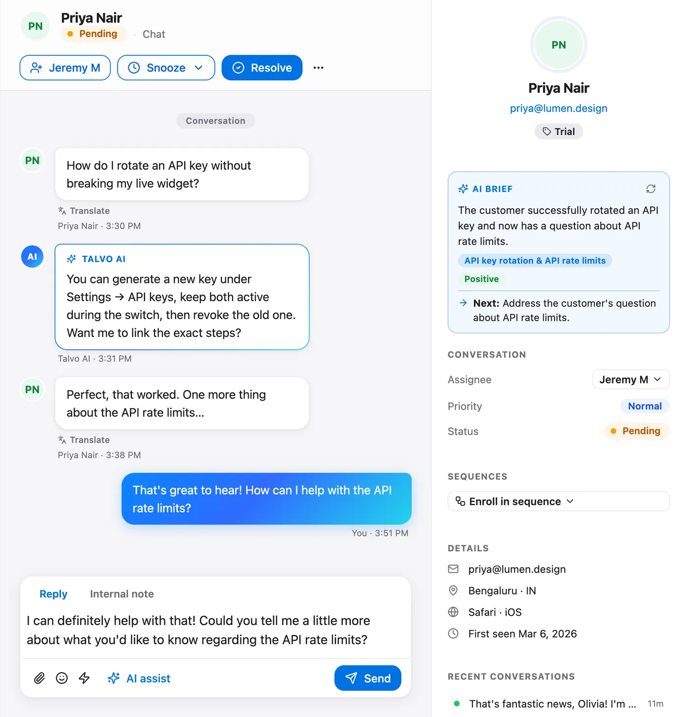 A conversation in Talvo with the AI brief beside it and an AI-drafted reply in the composer.