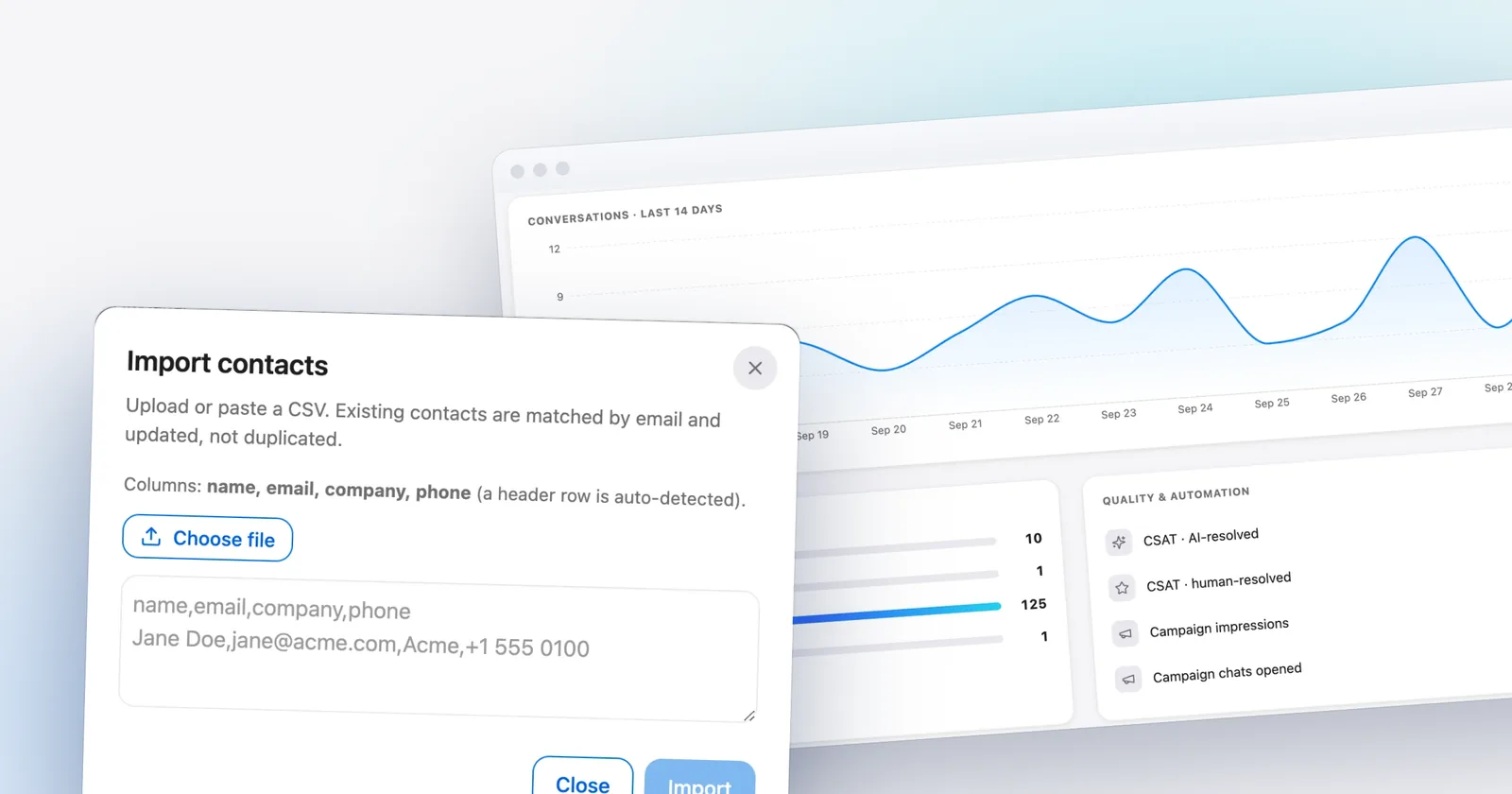 Talvo's contact import dialog, in front of the analytics dashboard. Shown with our demo workspace.