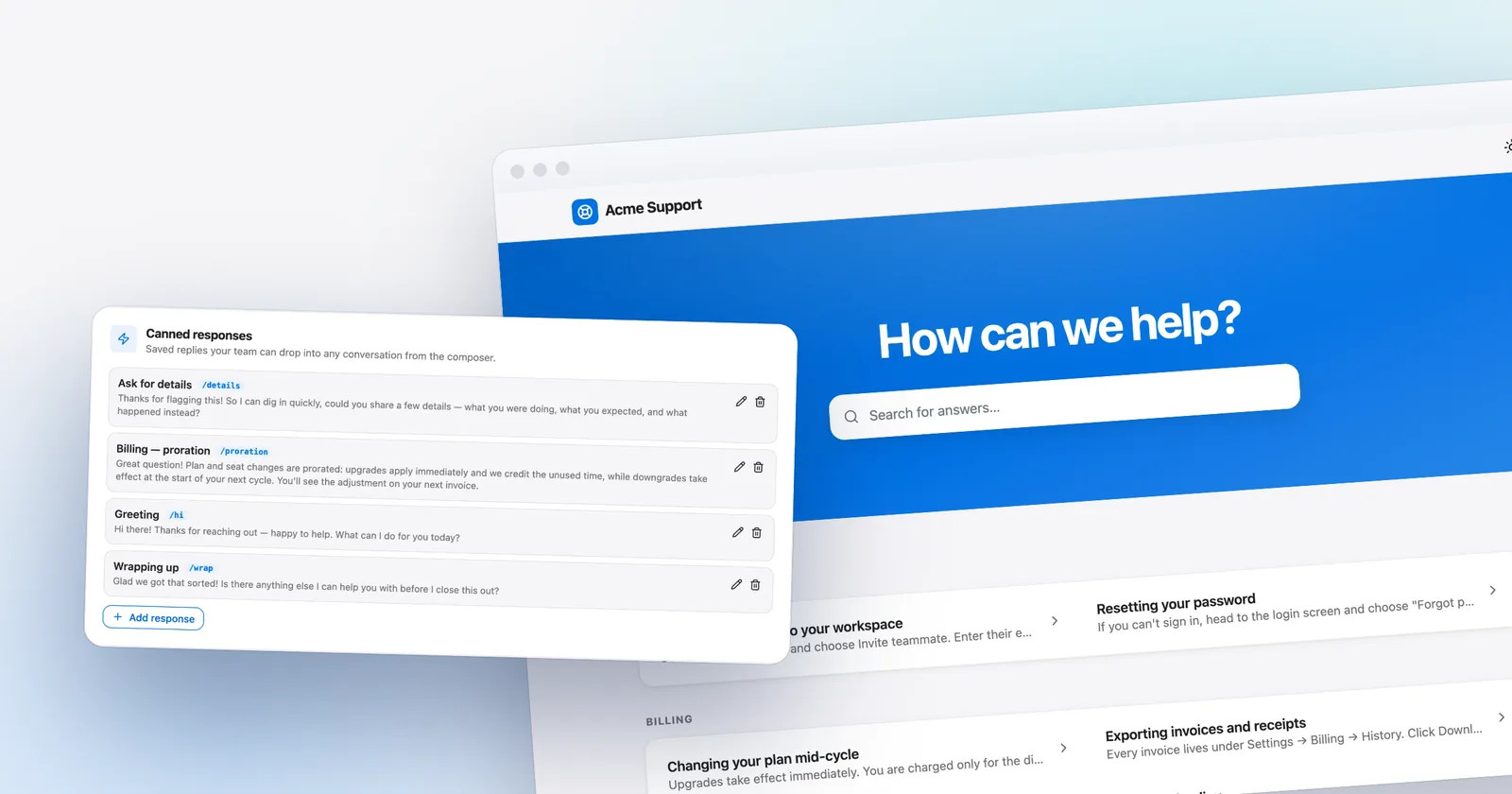 Talvo's canned responses, in front of a hosted help center. Shown with our demo workspace.