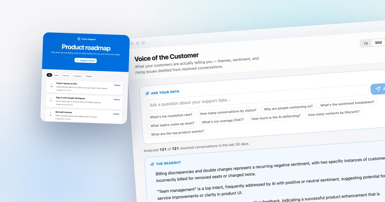 A public roadmap hosted by Talvo, in front of the Voice of the Customer readout. Shown with our demo workspace.