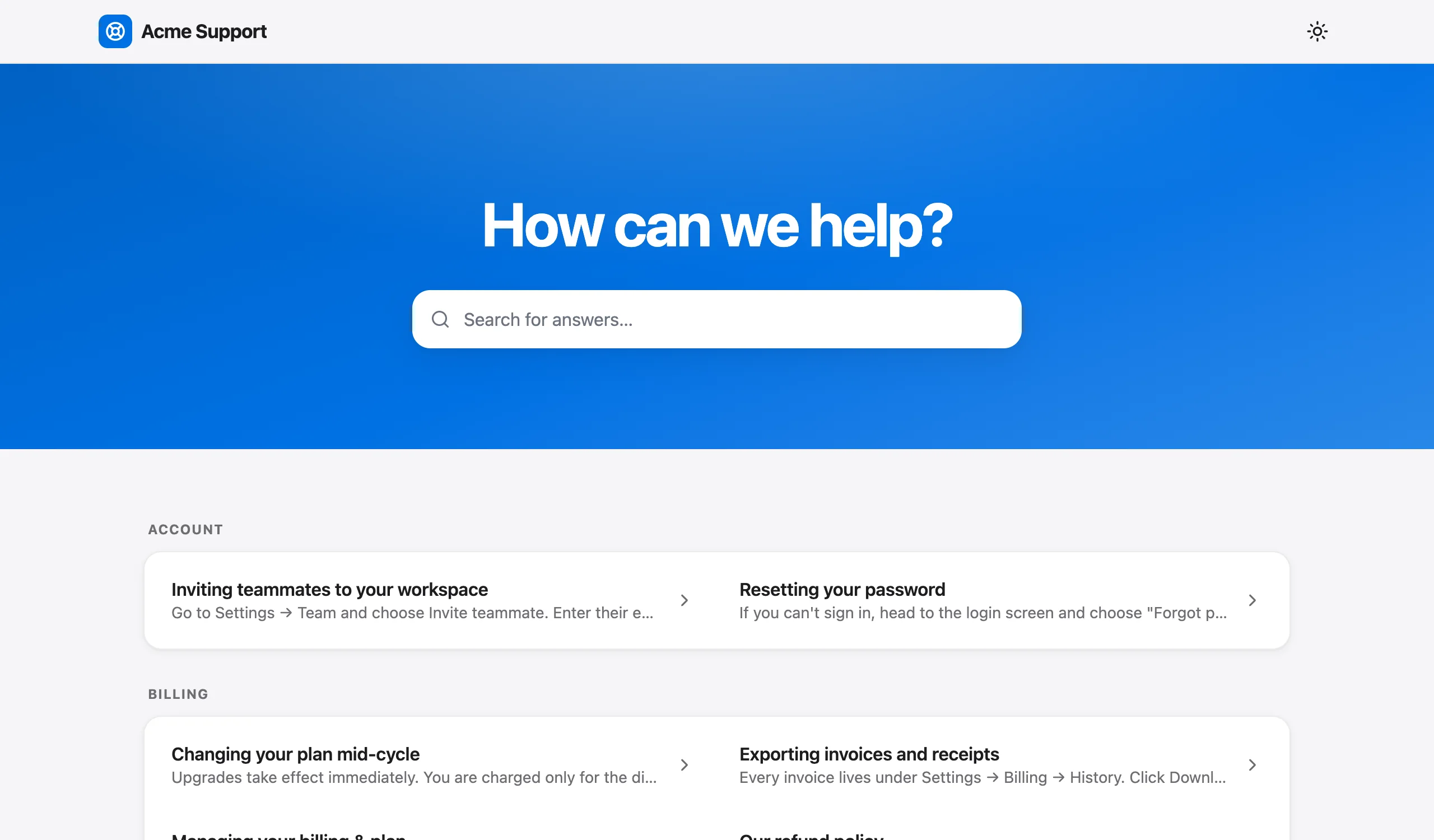 A help center hosted by Talvo: search at the top and articles grouped by category.