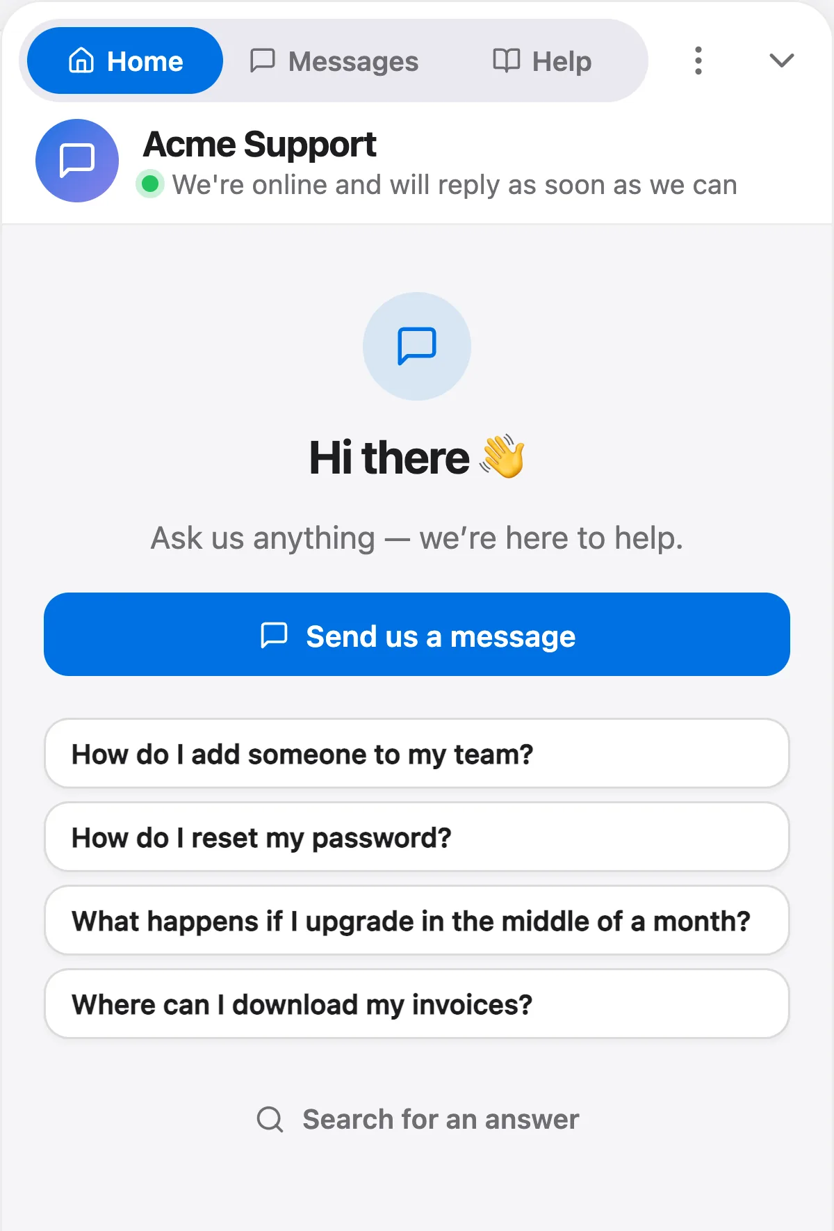 The Talvo chat widget on a website: a greeting, a Send us a message button, suggested questions and help search.