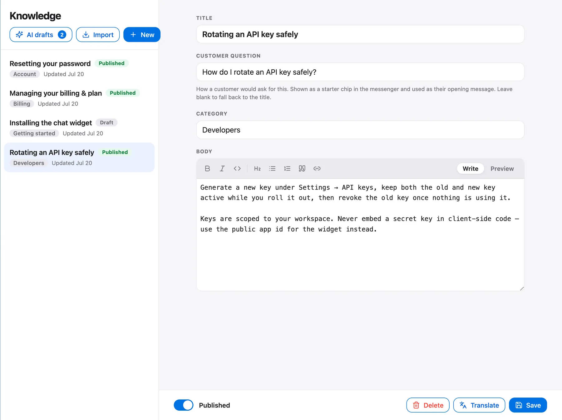 Talvo knowledge base: the article list beside the article editor.