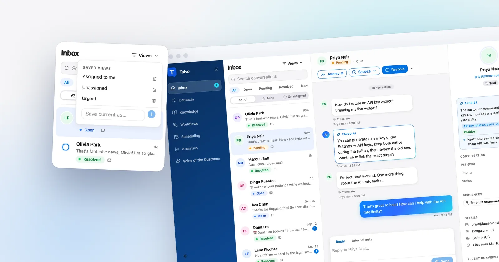 Talvo's saved inbox views, in front of the shared inbox. Shown with our demo workspace.