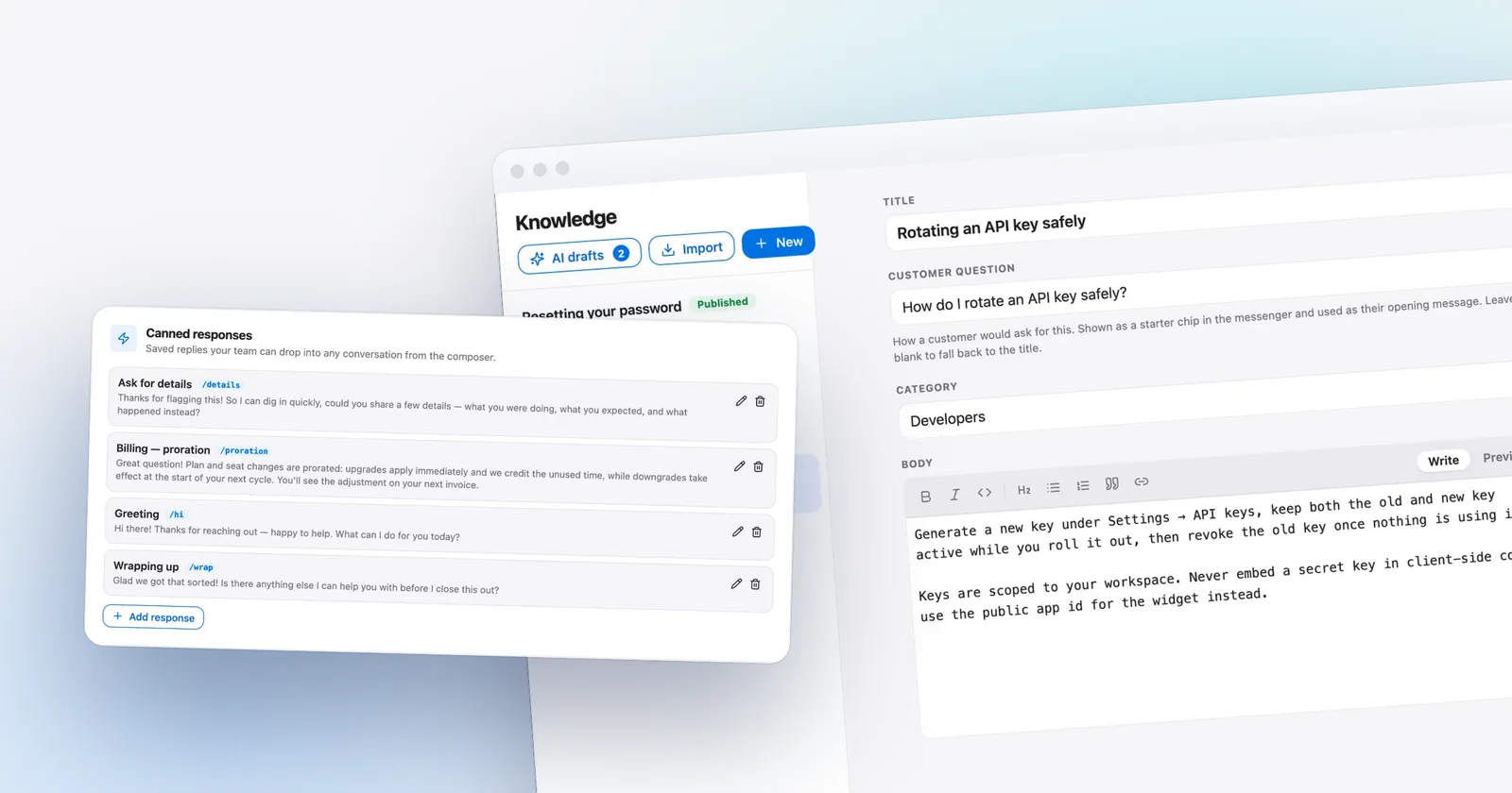 Talvo's canned responses in front of the knowledge base editor. Shown with our demo workspace.
