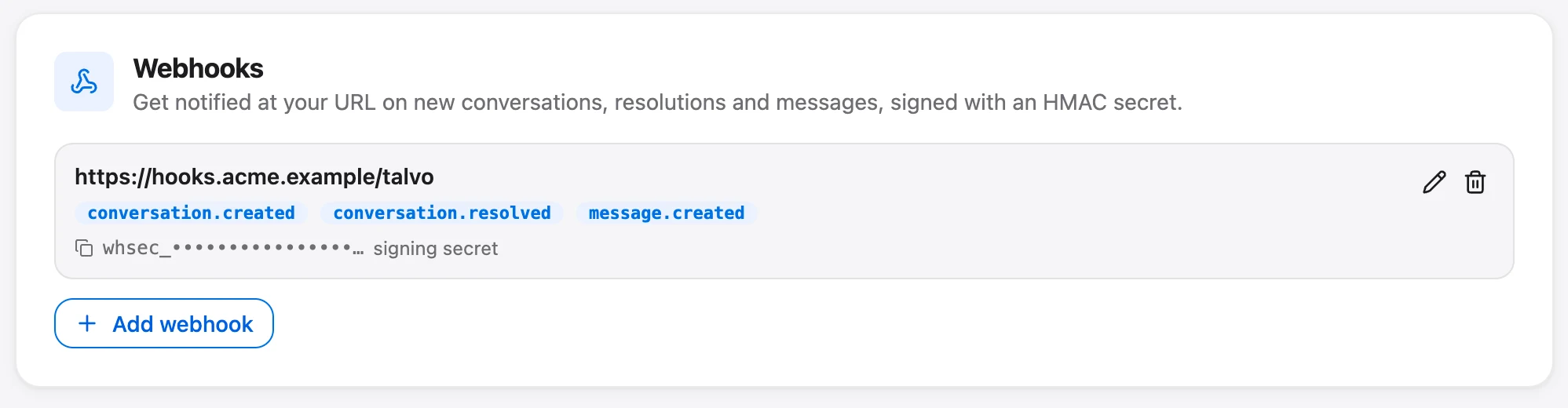 A webhook in Talvo: the endpoint URL, its subscribed events and the masked signing secret.