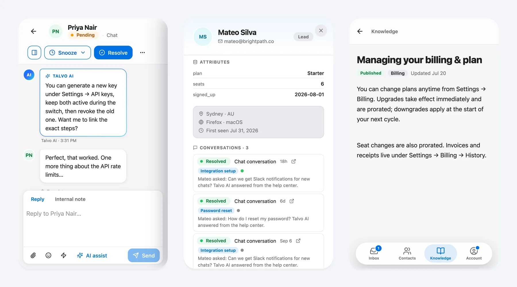 Talvo in a phone browser: a conversation, a contact profile and a knowledge article, with the tab bar at the bottom
