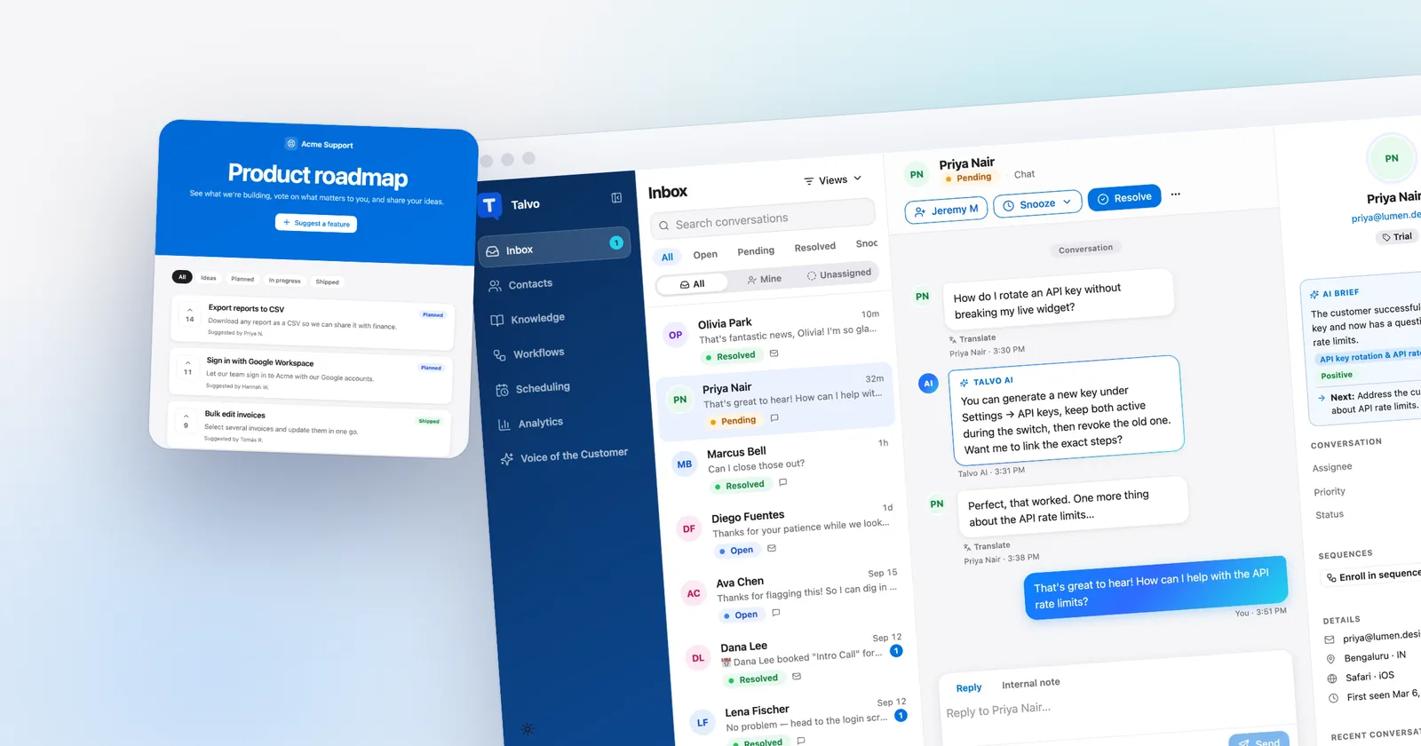 A public roadmap hosted by Talvo, in front of the shared inbox. Shown with our demo workspace.