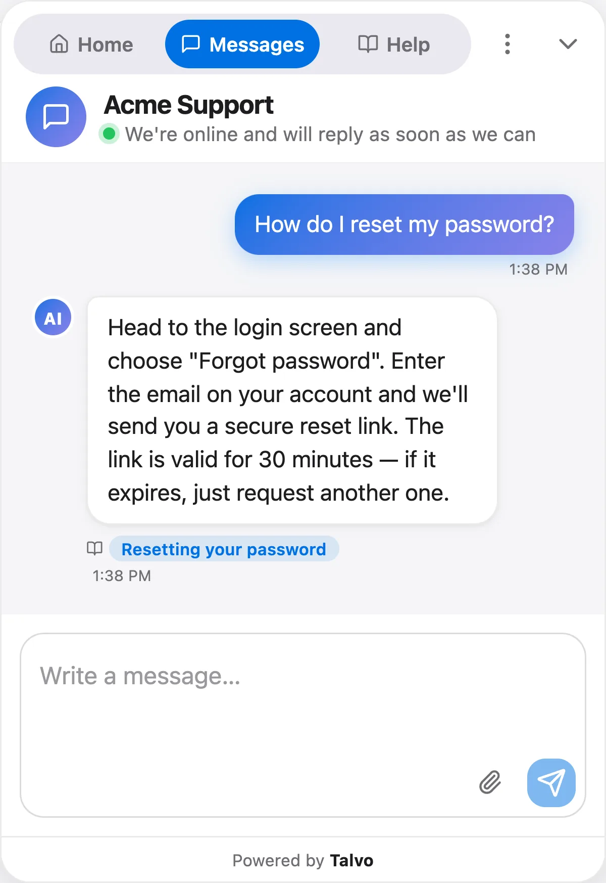 A visitor asks how to reset their password and Talvo AI answers in the widget, citing the Resetting your password article.