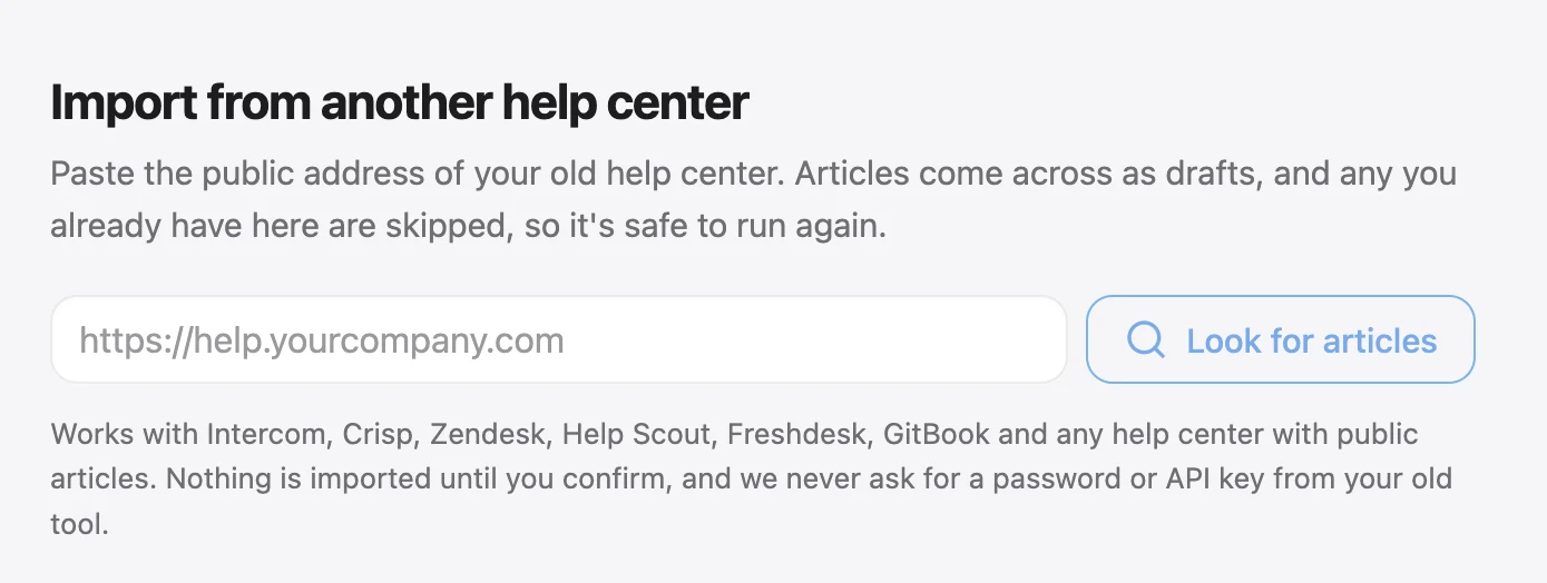 Talvo's help-center importer: paste your old help center's address and look for articles.