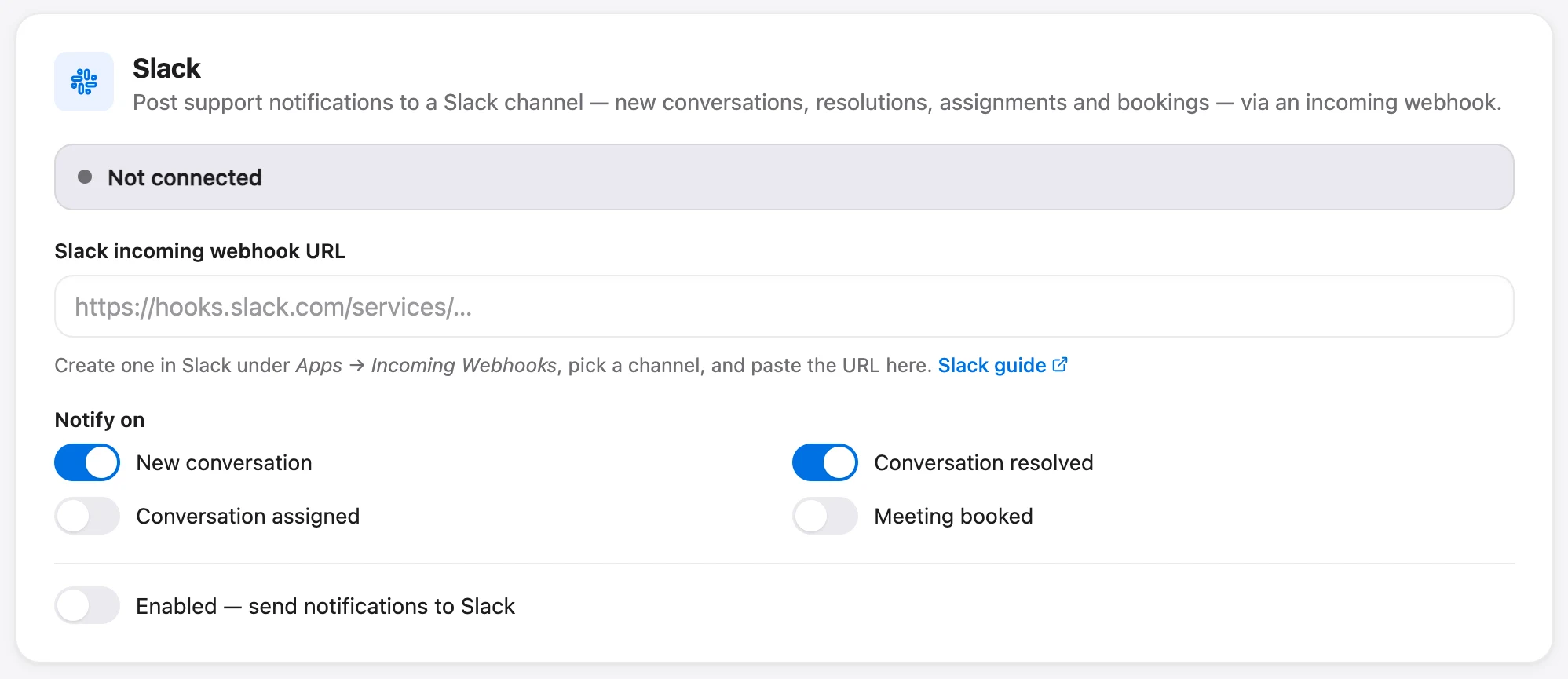 Talvo's Slack notifications card: the incoming webhook URL and which events to notify on.