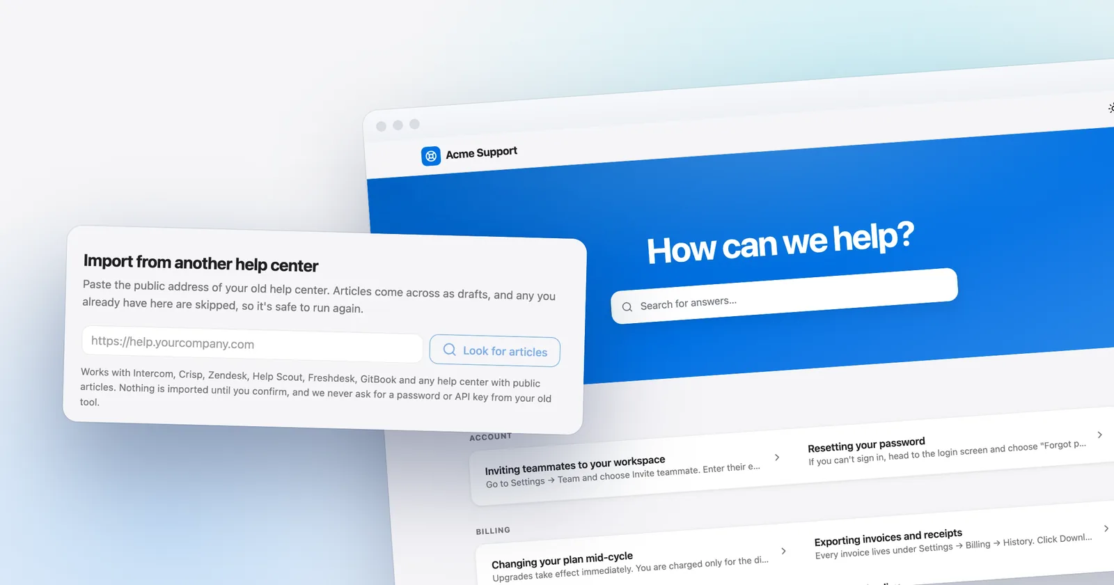 Talvo's help-center importer, in front of a hosted help center. Shown with our demo workspace.