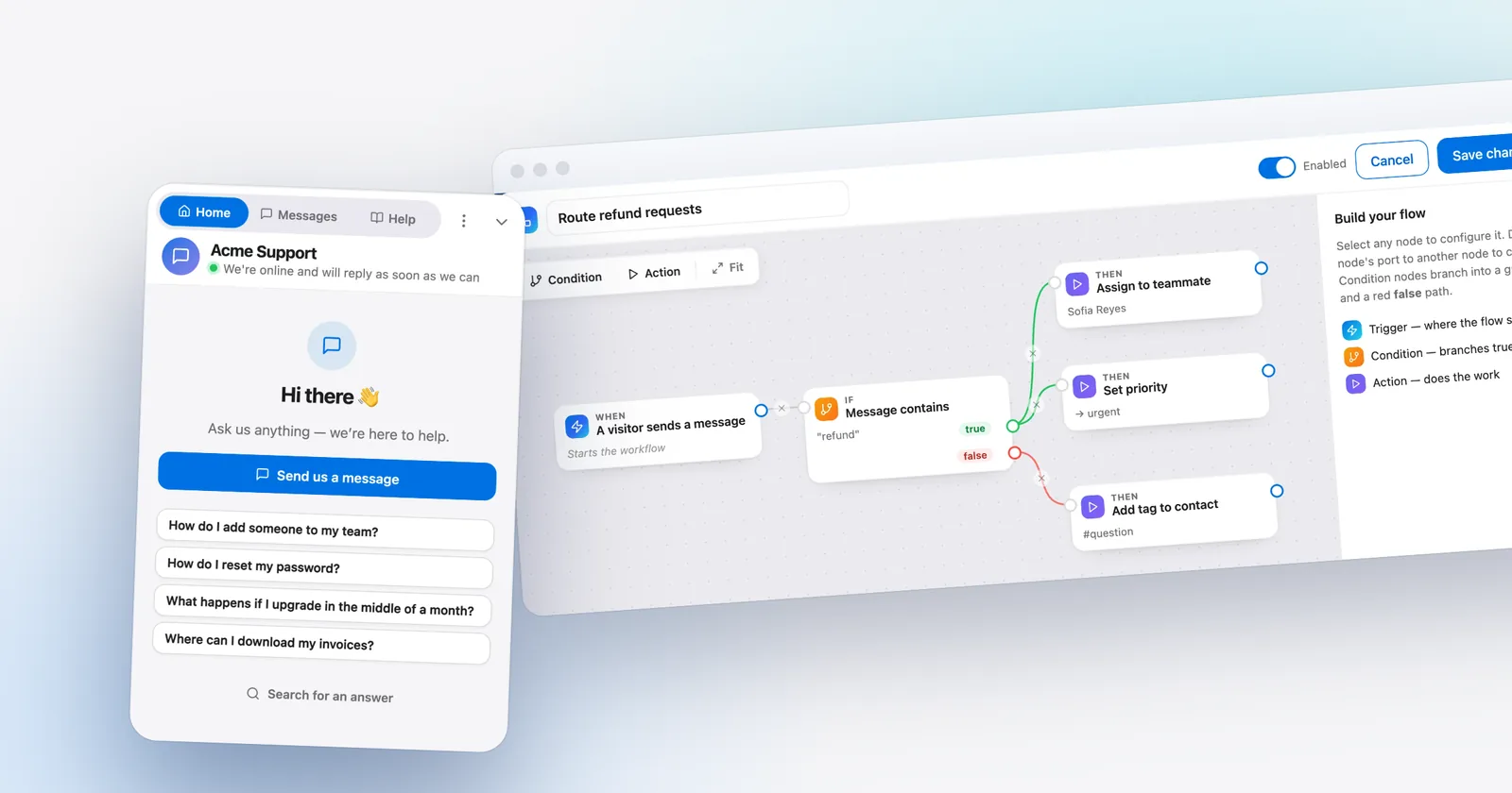 Talvo's chat widget home screen, in front of the workflow builder. Shown with our demo workspace.