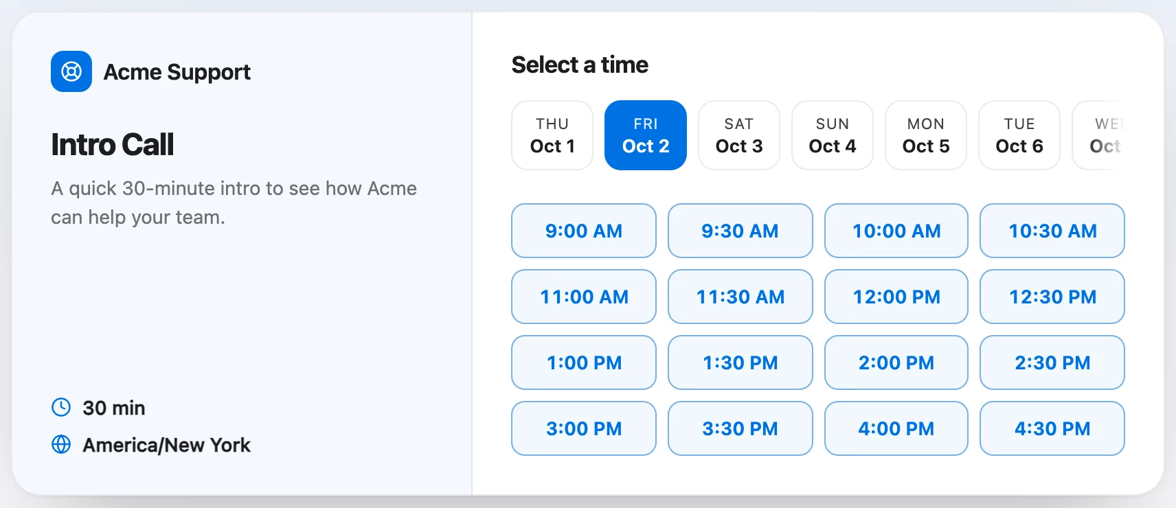 A Talvo booking page: Acme Support's 30-minute Intro Call with open time slots to pick from.