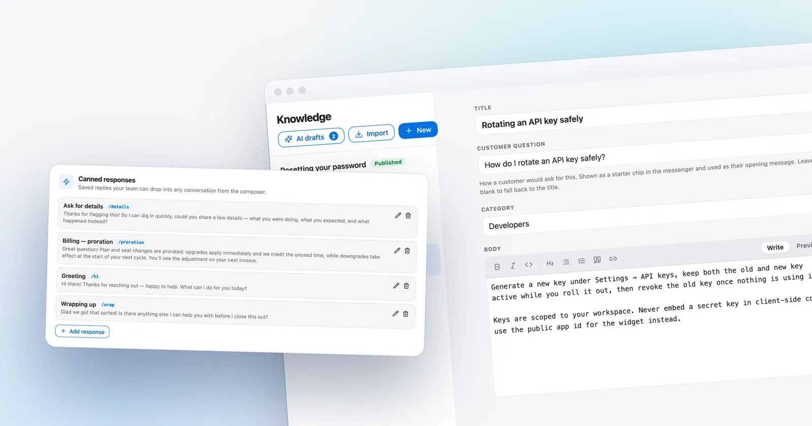 Talvo's canned responses, in front of the knowledge base editor. Shown with our demo workspace.