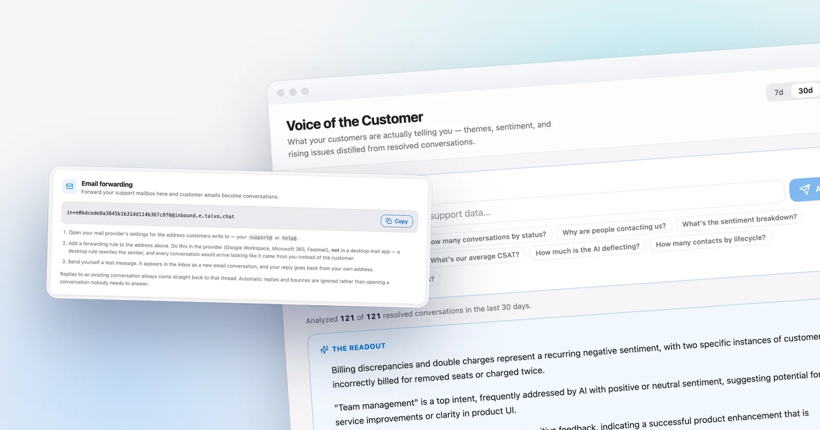 Talvo's email forwarding card, in front of the Voice of the Customer readout. Shown with our demo workspace.