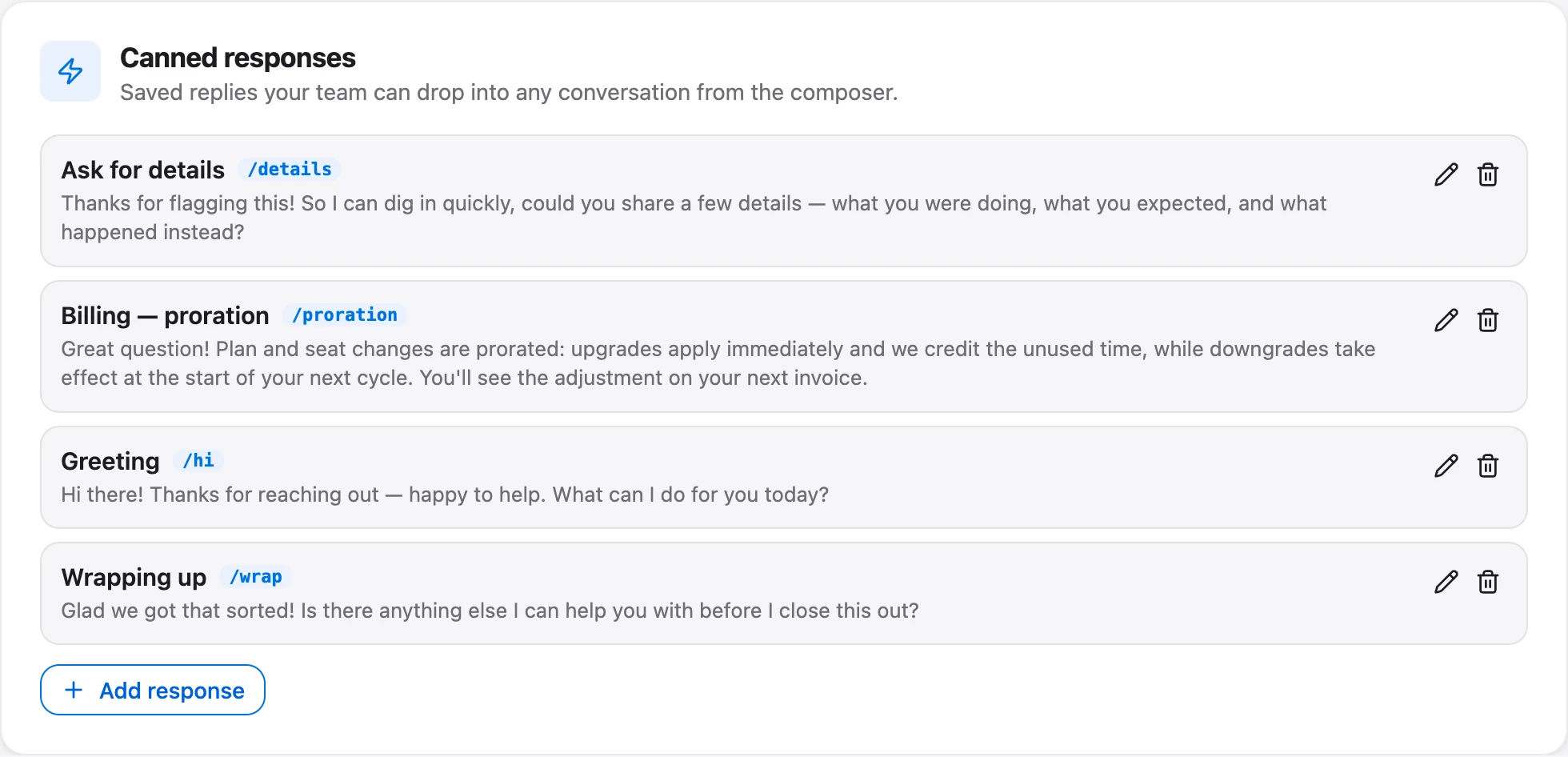 Canned responses in Talvo, each with a name, a shortcut and the saved text.