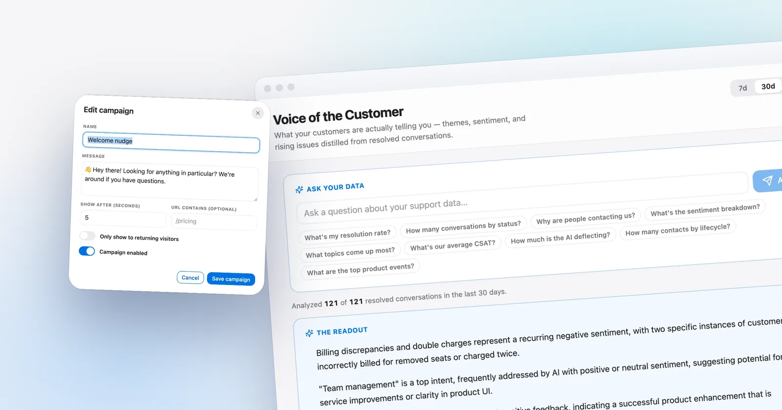 Talvo's proactive campaign editor, in front of the Voice of the Customer readout. Shown with our demo workspace.