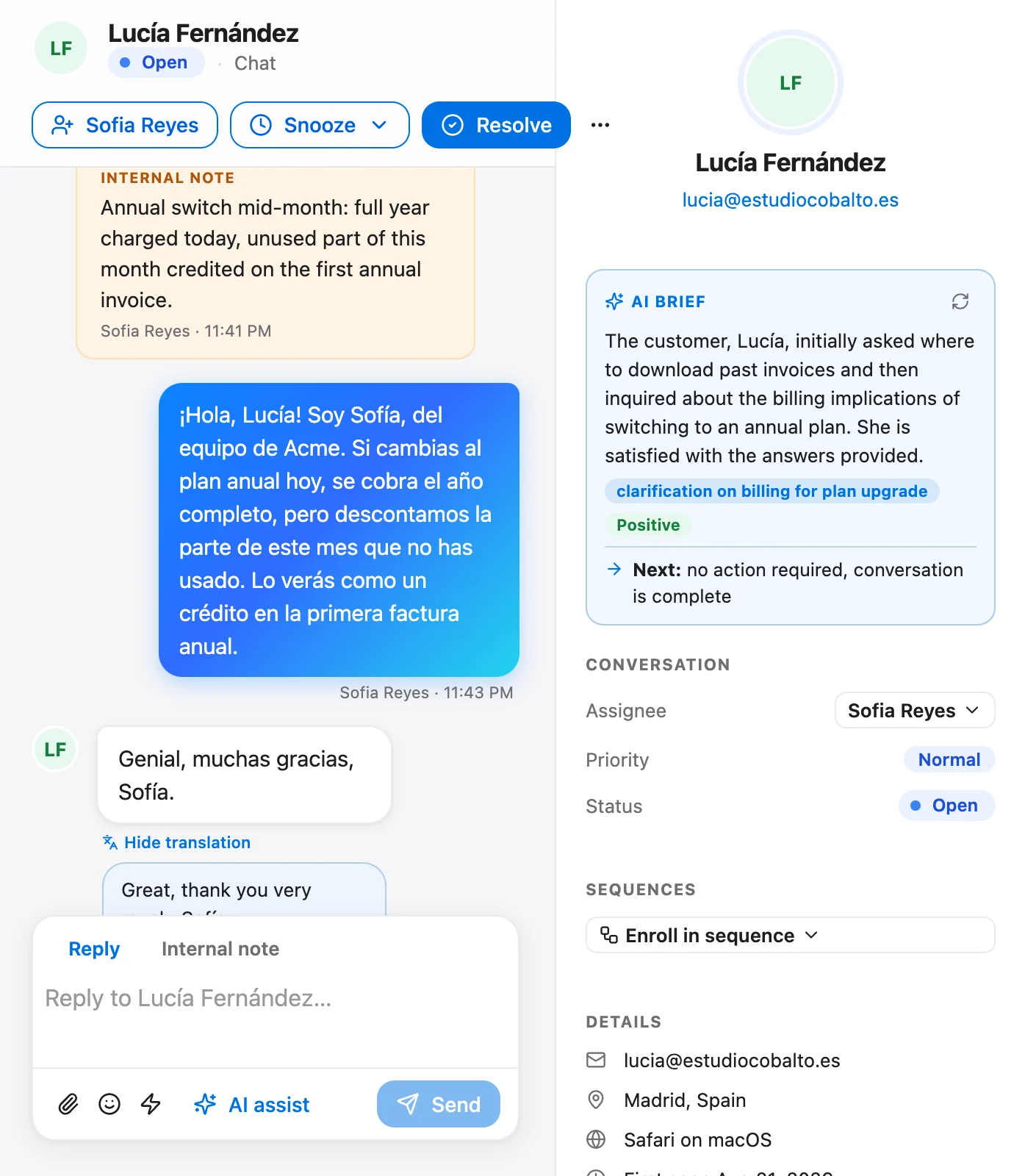 A Spanish conversation in Talvo: the teammate replied in Spanish, the customer's thanks is translated to English underneath, and the AI brief summarizes the thread in English.