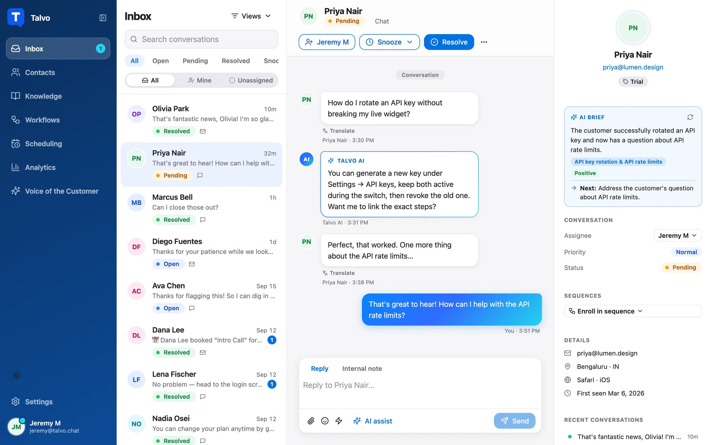 Talvo shared inbox: a customer asks how to rotate an API key, Talvo AI answers, and the AI brief summarizes the conversation.