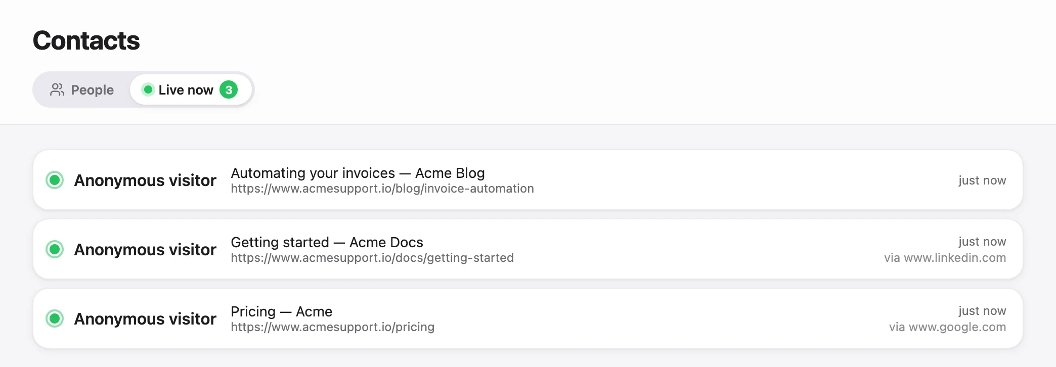 Talvo's Live now view: visitors currently on the site, the page they're on and where they came from.