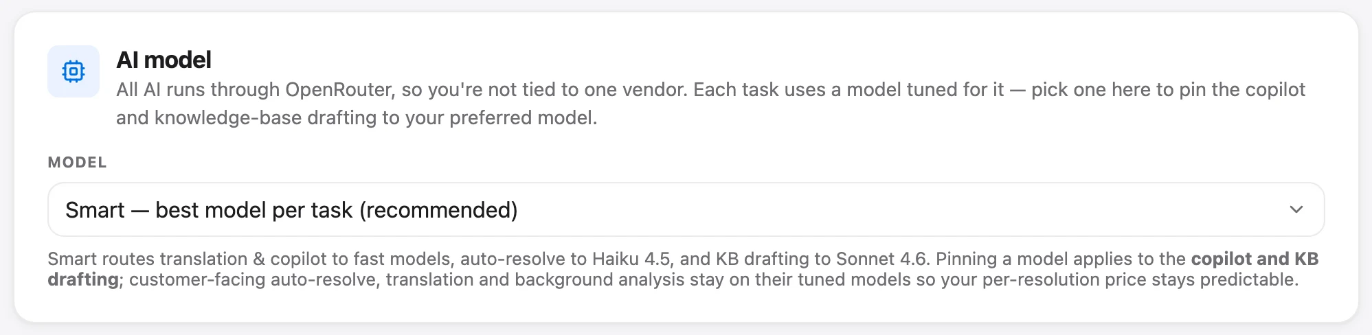 Talvo's AI model setting, set to Smart: the best model per task.