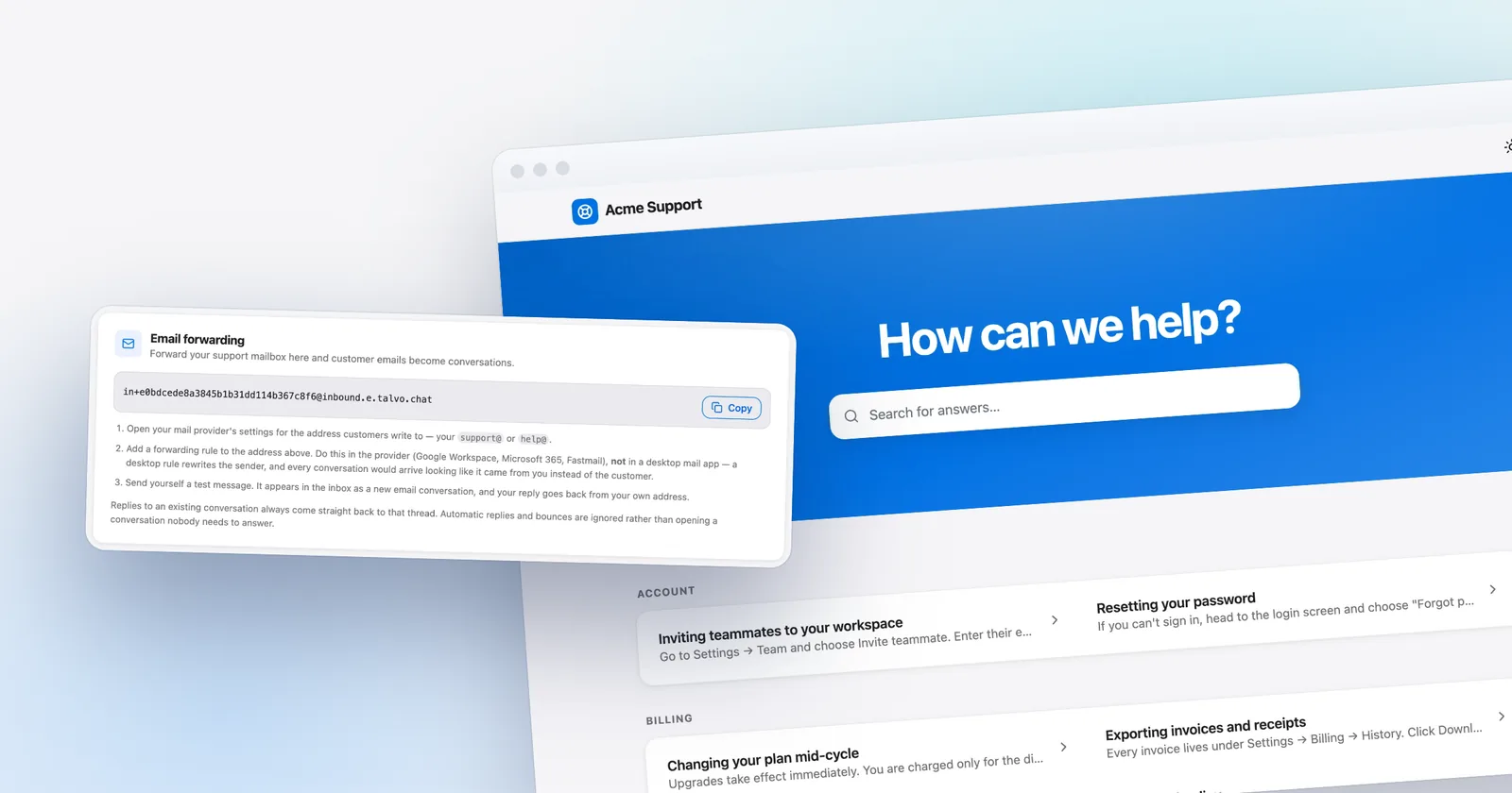 Talvo's email forwarding card in front of a hosted help center. Shown with our demo workspace.