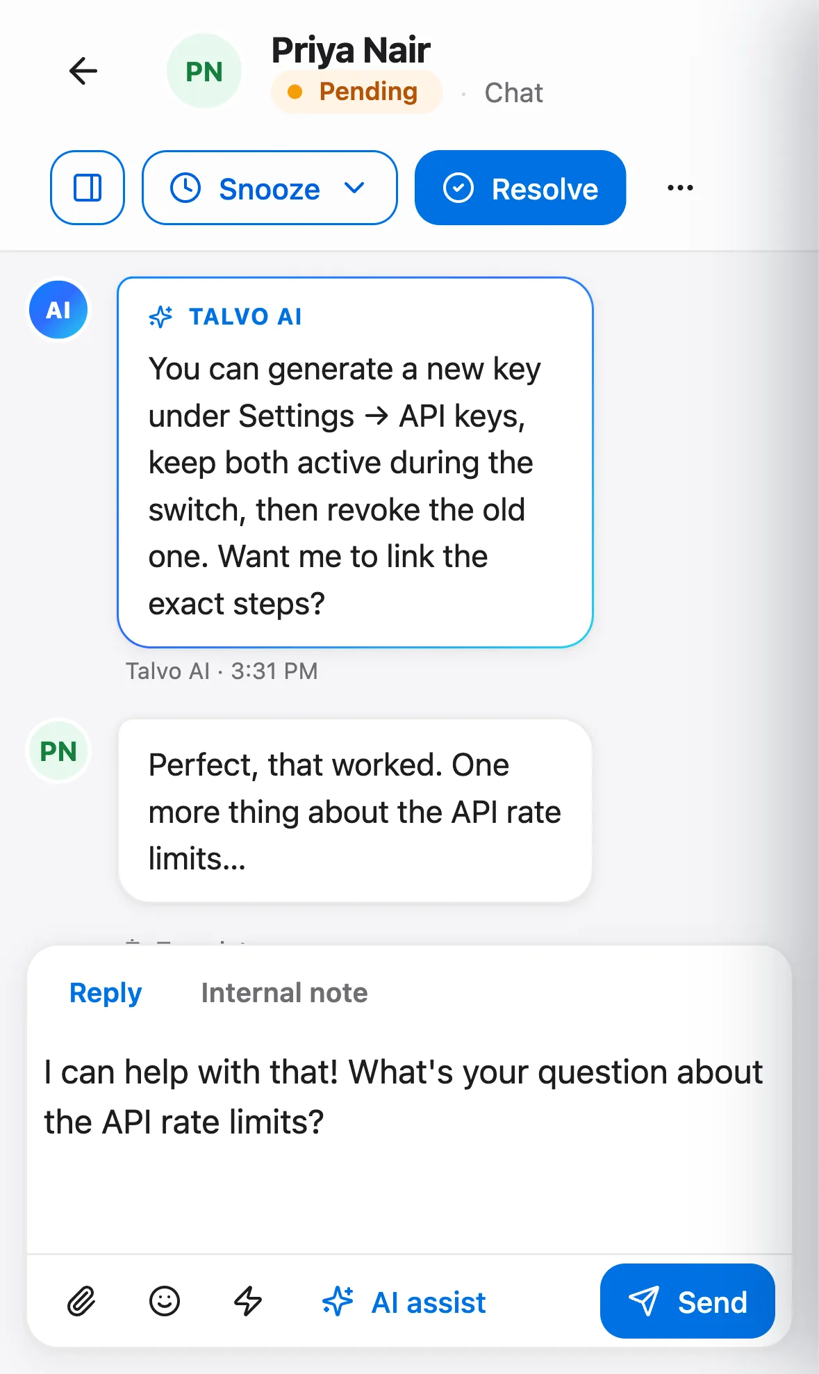 Talvo on iPhone: an AI-drafted reply ready to send.