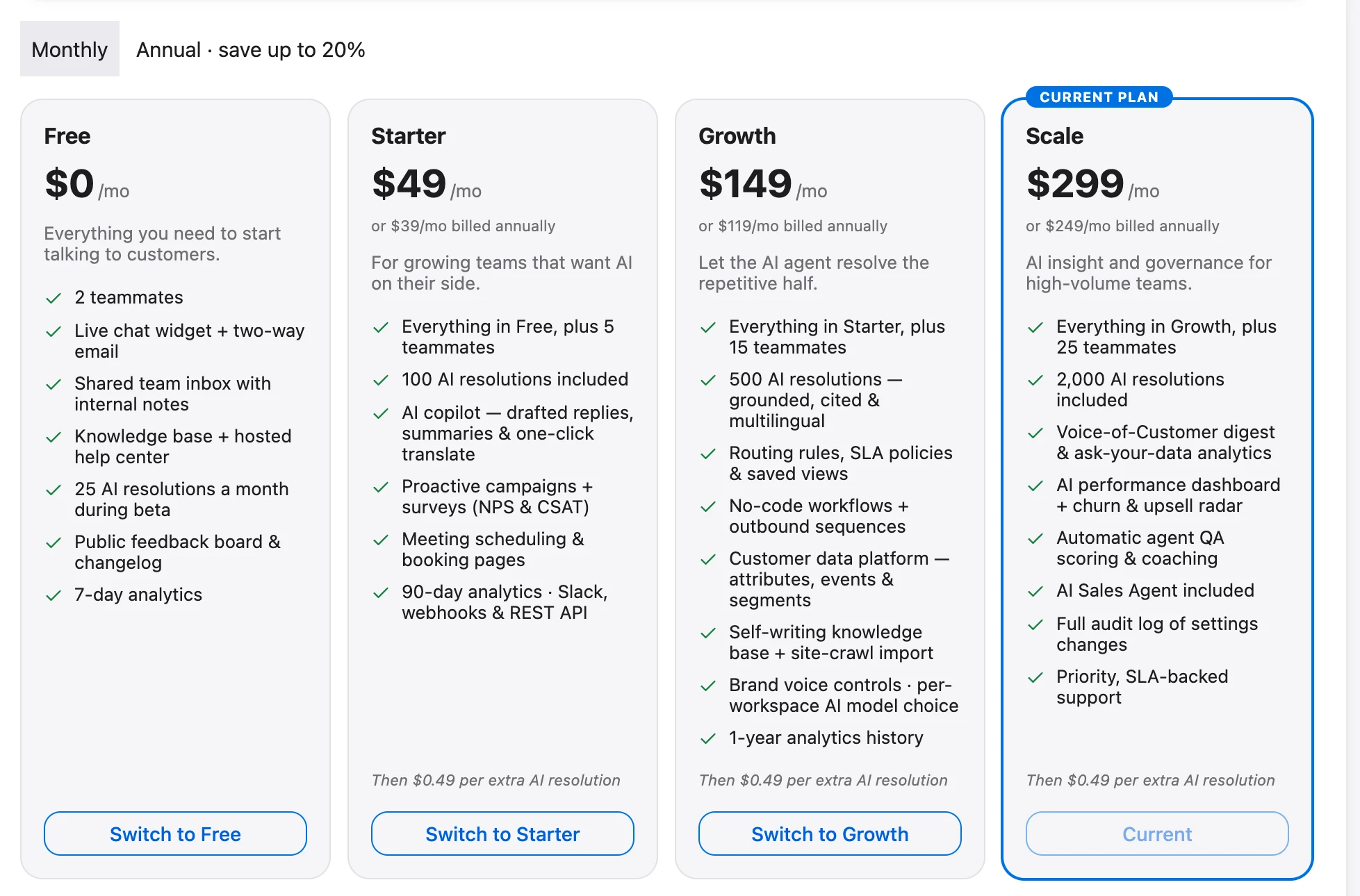 The plan cards in Settings → Billing: Free, Starter, Growth and Scale, with prices and what each includes