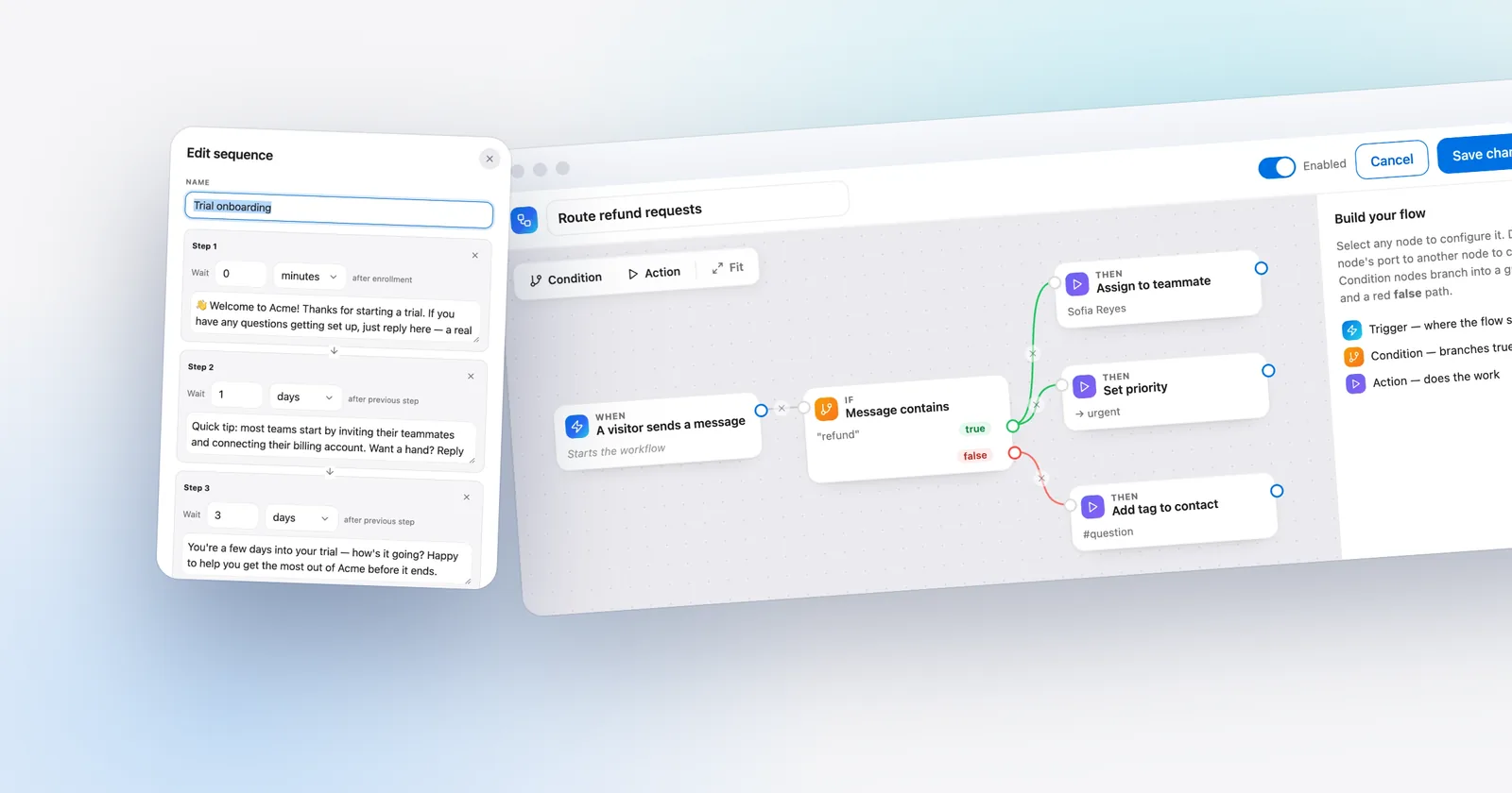 Talvo's message sequence editor, in front of the workflow builder. Shown with our demo workspace.