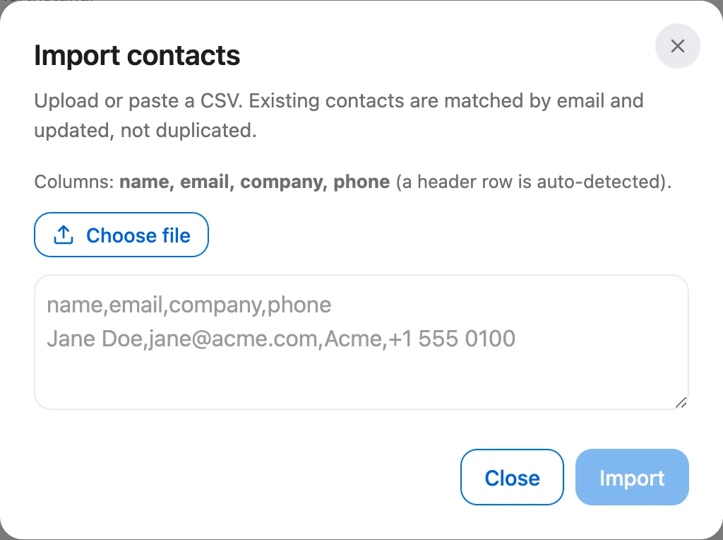 Talvo's Import contacts dialog: choose a CSV file or paste rows.