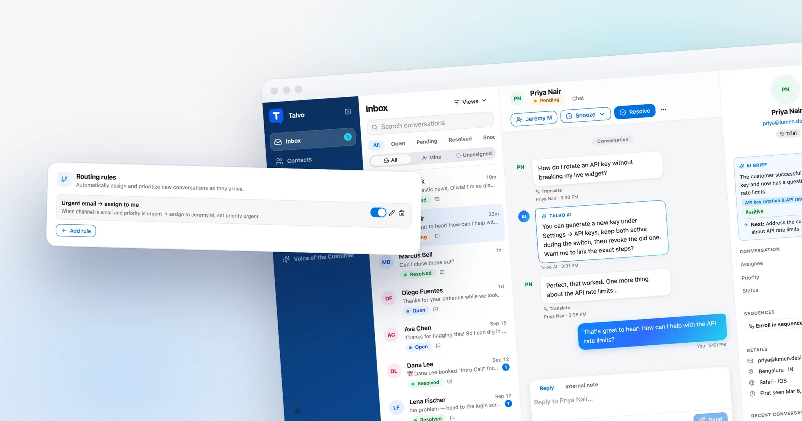 A Talvo routing rule, in front of the shared inbox. Shown with our demo workspace.