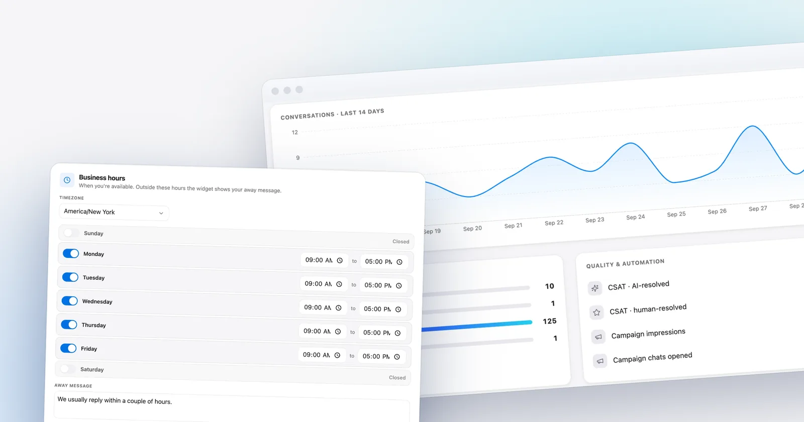 Talvo's business hours and away message settings, in front of the analytics dashboard. Shown with our demo workspace.