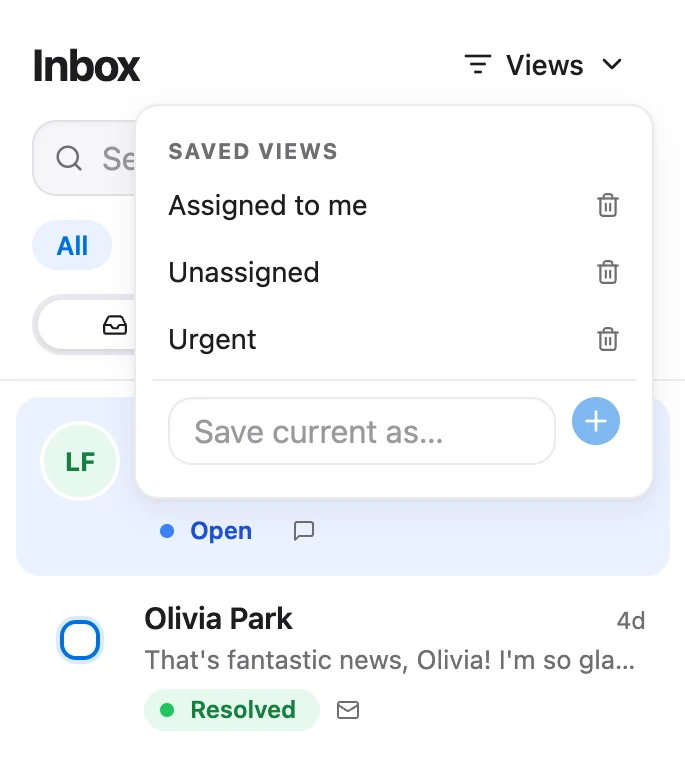 The Views menu in the inbox: saved views for Assigned to me, Unassigned and Urgent, and a box to save the current filters
