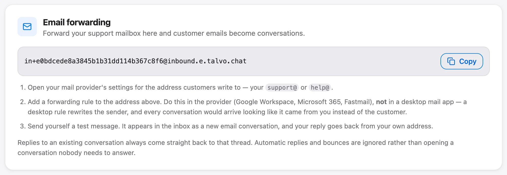 Talvo's email forwarding card: the workspace forwarding address and setup steps.